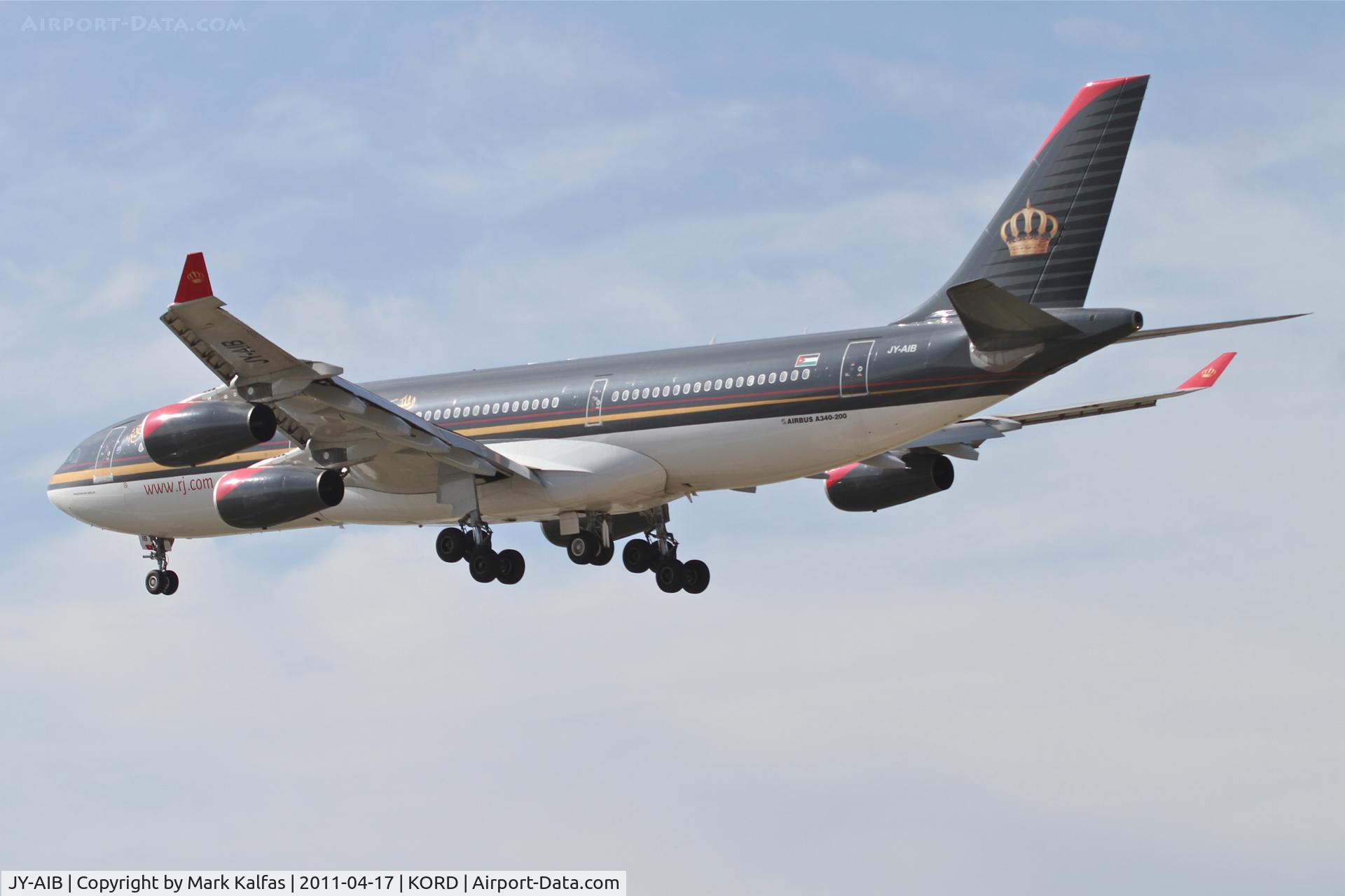 JY-AIB, 1994 Airbus A340-211 C/N 043, Royal Jordanian Airbus A340-211, RJA263 arriving from OJAI (Queen Alia Int'l Airport Amman), RWY 28 approach KORD.