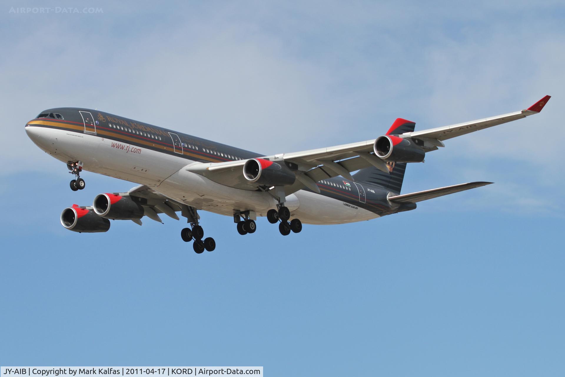 JY-AIB, 1994 Airbus A340-211 C/N 043, Royal Jordanian Airbus A340-211, RJA263 arriving from OJAI (Queen Alia Int'l Airport Amman), RWY 28 approach KORD.