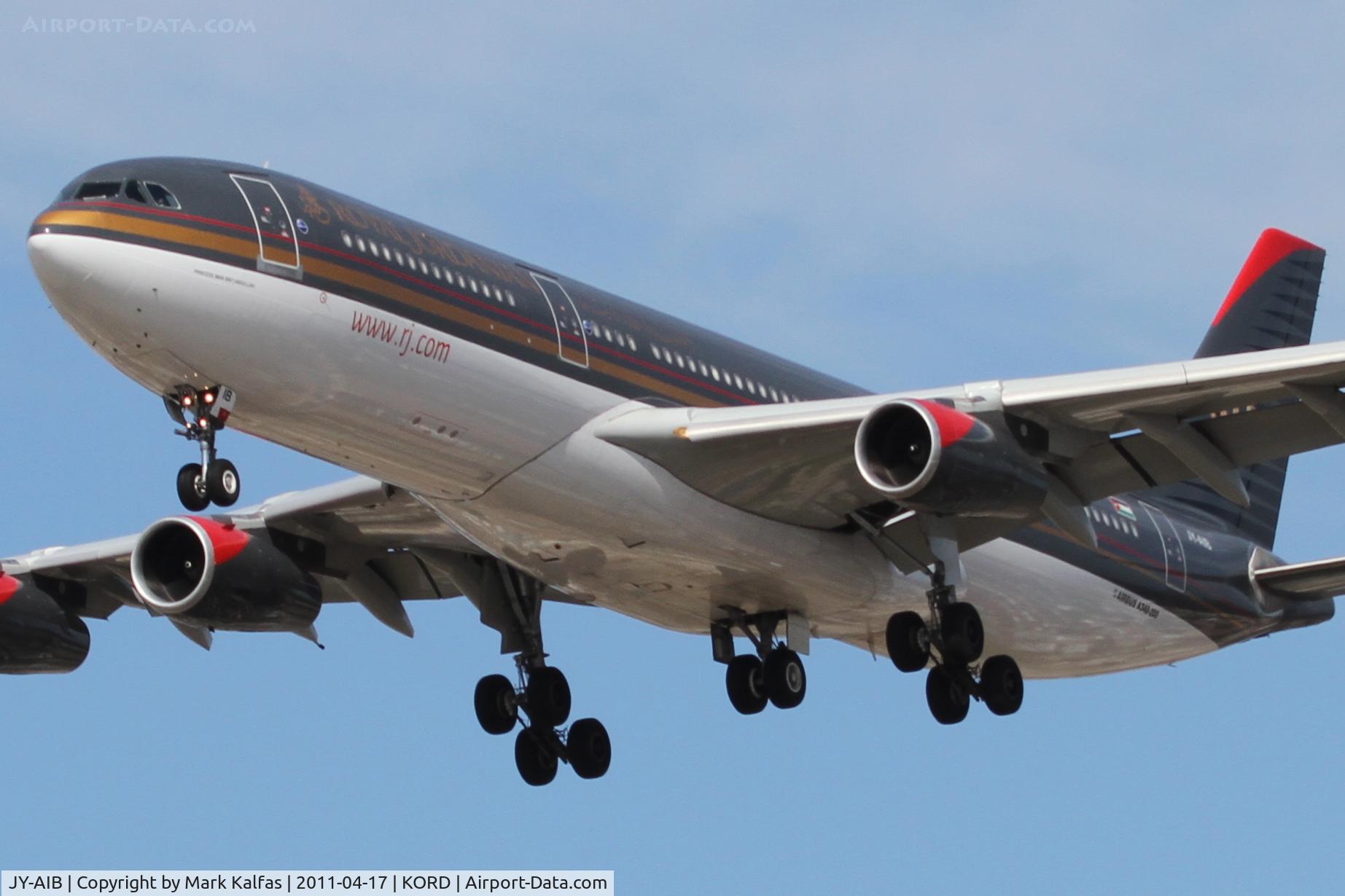 JY-AIB, 1994 Airbus A340-211 C/N 043, Royal Jordanian Airbus A340-211, RJA263 arriving from OJAI (Queen Alia Int'l Airport Amman), RWY 28 approach KORD.