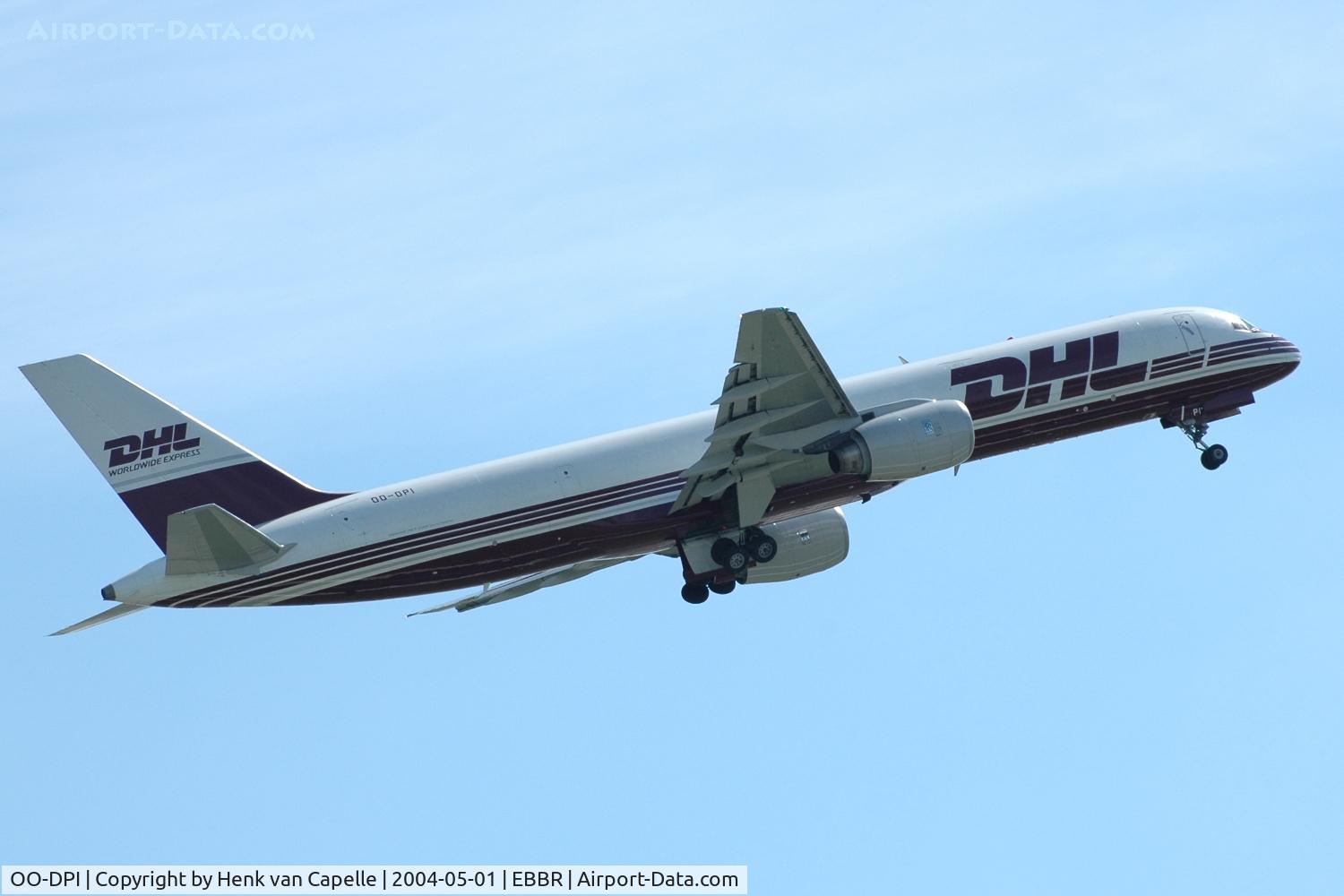 OO-DPI, 1988 Boeing 757-236/SF C/N 24102, DHL Boeing 757-200SF freighter taking off from Brussels airport.