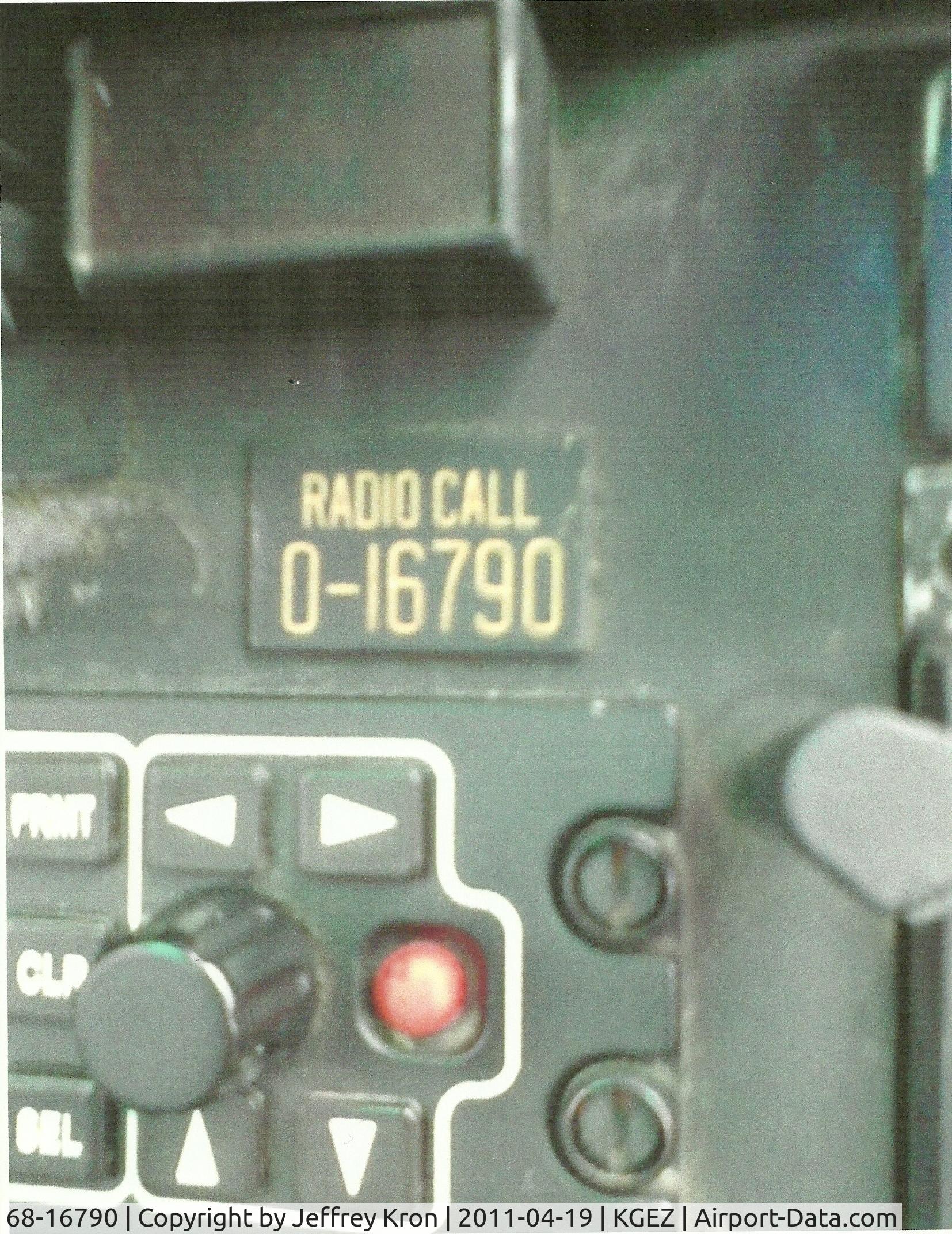 68-16790, 1968 Bell OH-58A-BF Kiowa C/N 40104, The radio call plate. 0-16790 means the aircraft is more than 10 years old. The real # is 68-16790. 790 is a Viet Nam vet as you can see in the other picture.