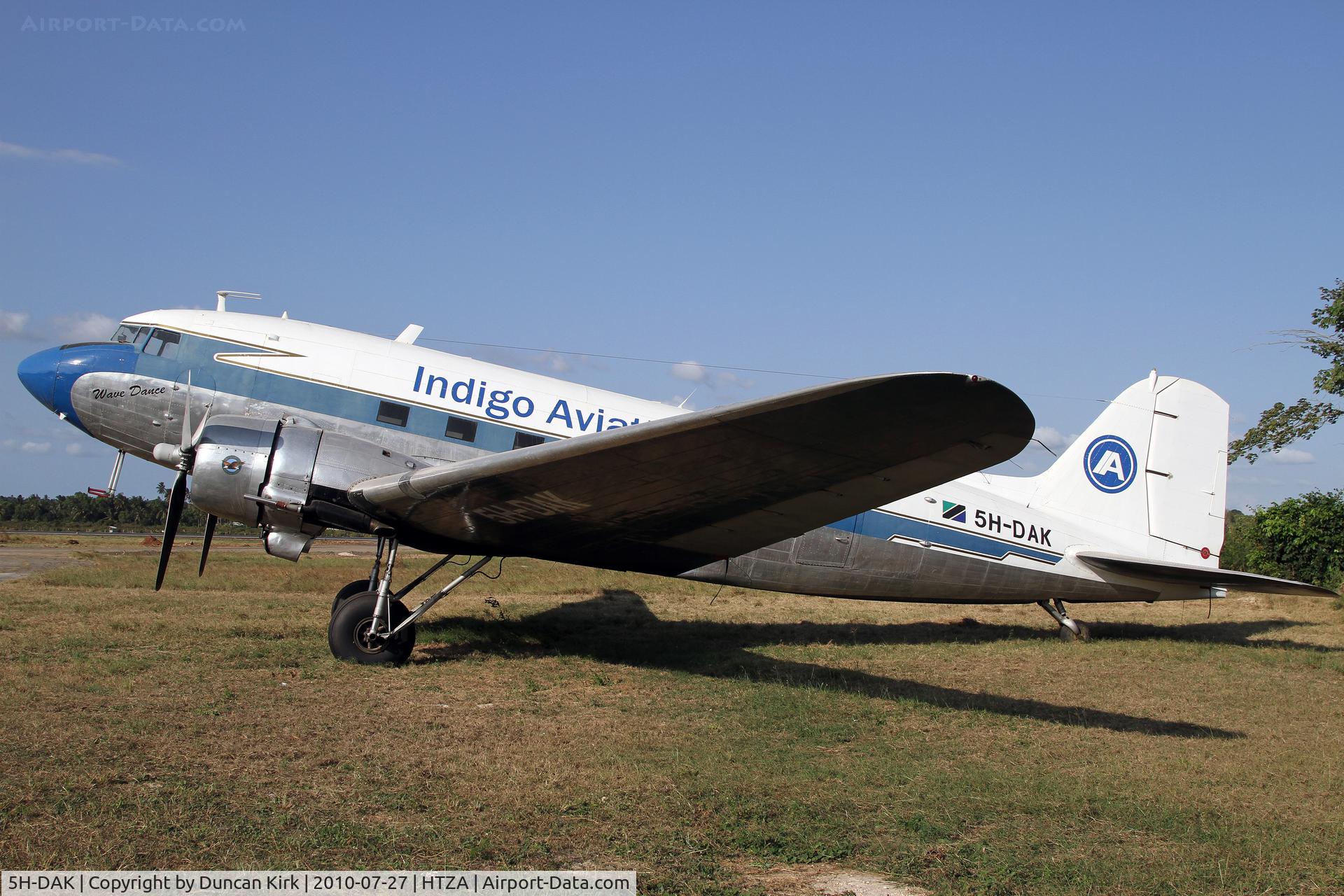5H-DAK, 1943 Douglas C-47A-30-DL Skytrain (DC3) C/N 9581, Indigo had its license suspended at the time of this photo at Zanzibar