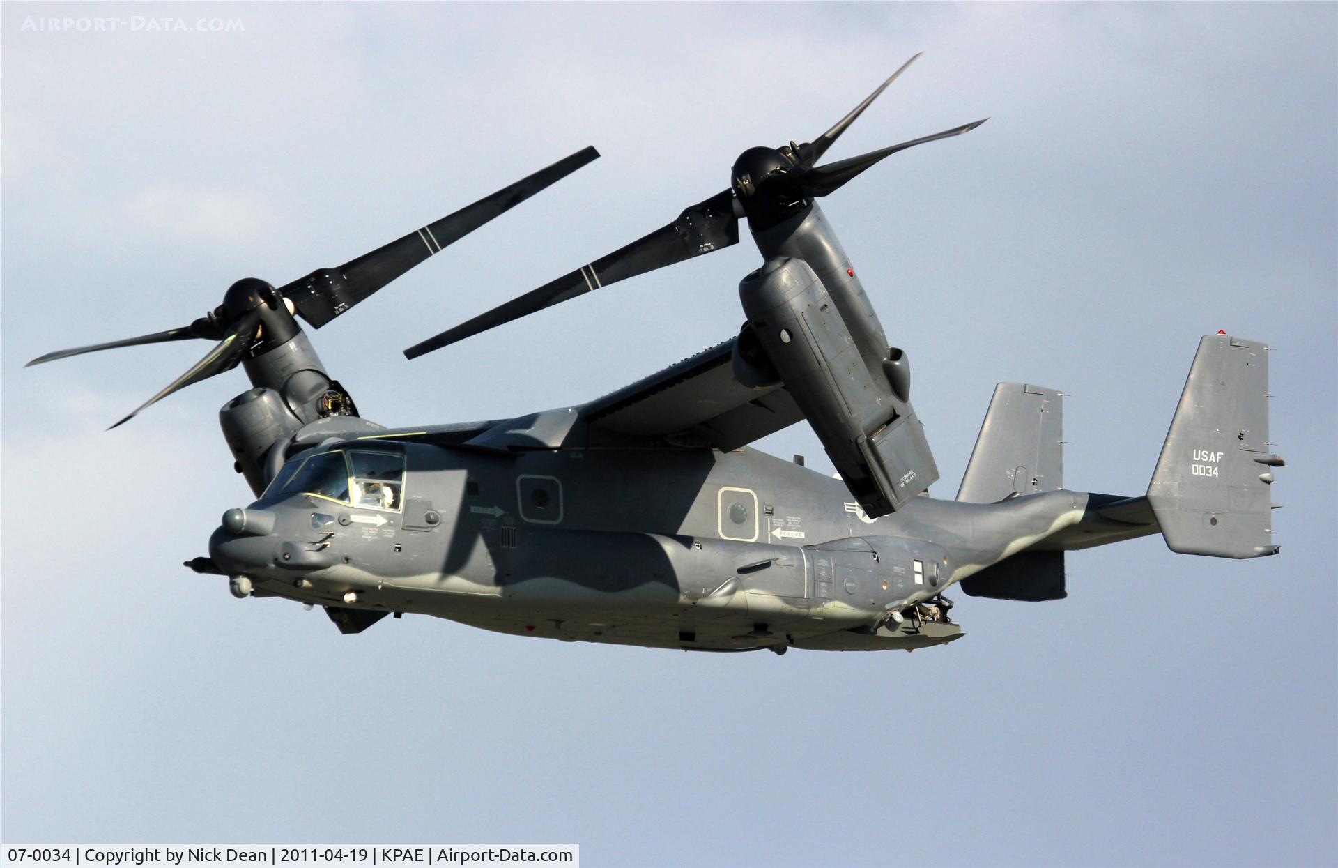 07-0034, 2008 Bell-Boeing CV-22B Osprey C/N D1015, KPAE twice around the pattern then down to KBFI for once around their pattern. First visit of type to KPAE if I am not mistaken.