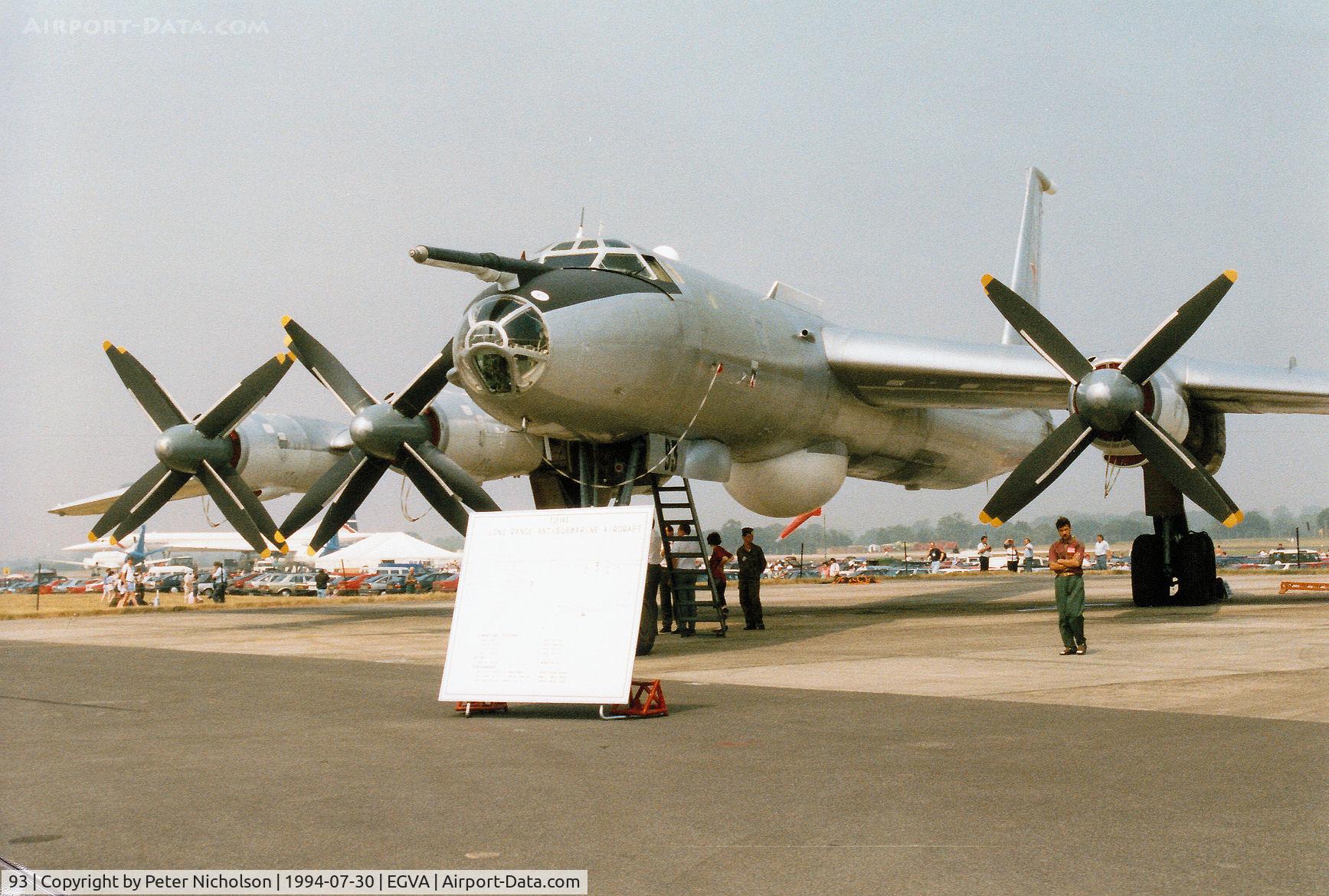93, Tupolev Tu-142M C/N 1603062, Tupolev Tu-142M Bear F of the Russian Naval Training Regiment on display at the 1994 Intnl Air Tattoo at RAF Fairford.