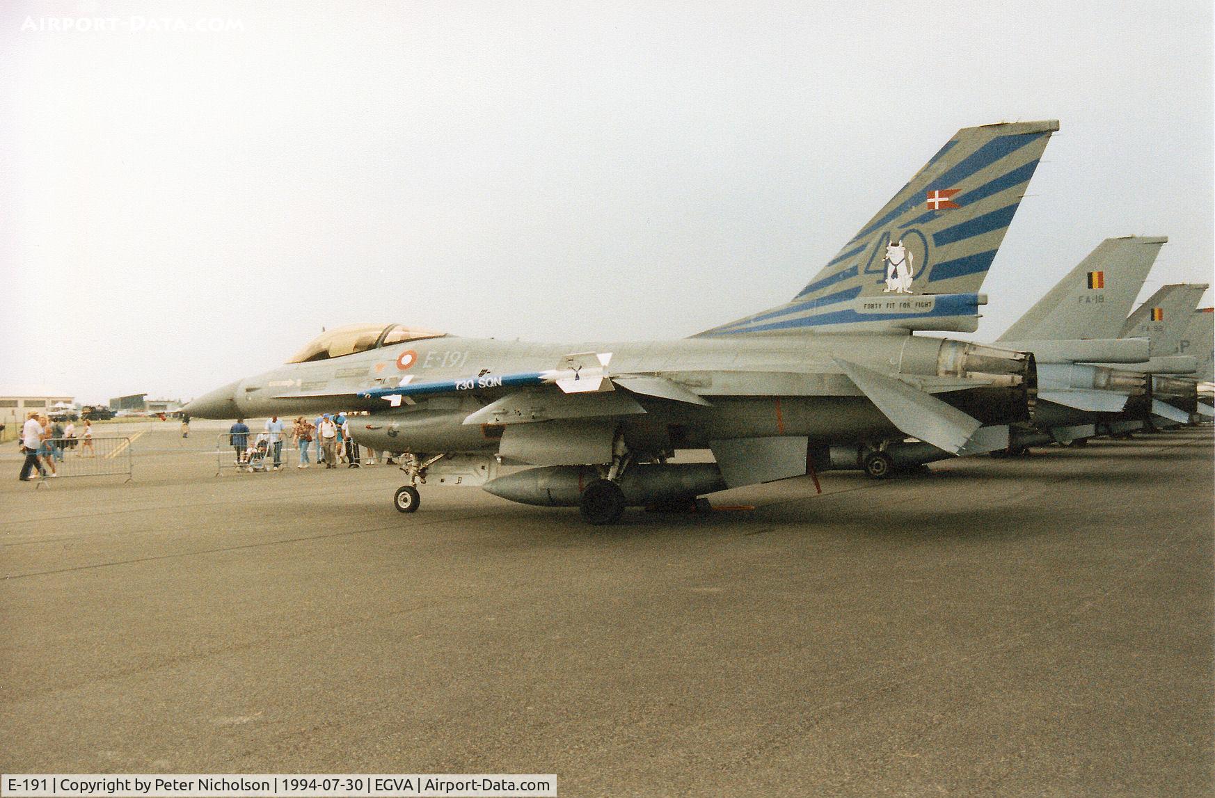 E-191, 1978 SABCA F-16AM Fighting Falcon C/N 6F-18, F-16A Falcon, callsign Danish Air Force 3269, in 40th Anniversary markings of Eskradille 730 based at Skrydstrup on display at the 1994 Intnl Air Tattoo at RAF Fairford.