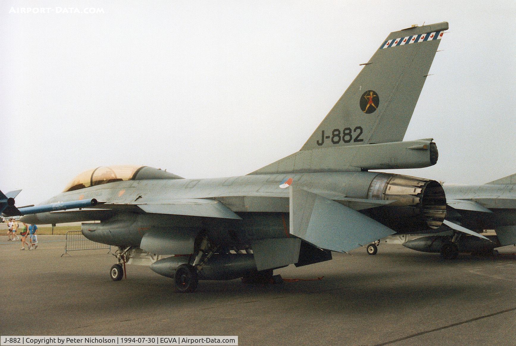 J-882, 1981 Fokker F-16B Fighting Falcon C/N 6E-23, F-16B Falcon, callsign Polly 1, of 323 Squadron Royal Netherlands Air Force on display at the 1994 Intnl Air Tattoo at RAF Fairford.
