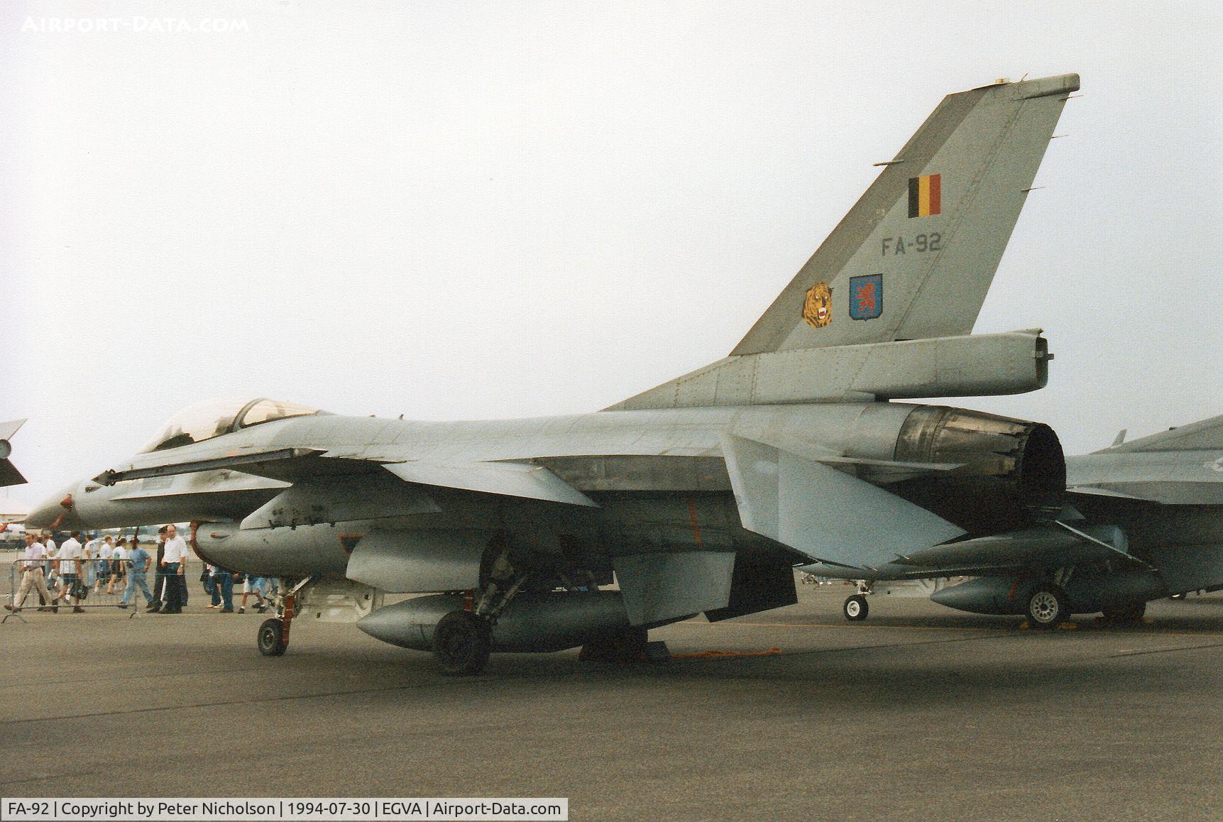 FA-92, 1980 SABCA F-16AM Fighting Falcon C/N 6H-92, F-16A Falcon, callsign Belgian Air Force 431, of 31 Squadron on display at the 1994 Intnl Air Tattoo at RAF Fairford.