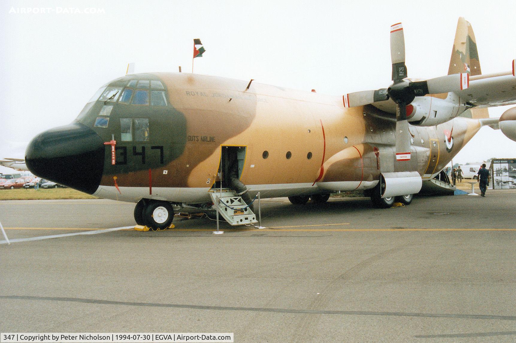 347, Lockheed C-130H Hercules C/N 382-4929, C-130H Hercules of 3 Squadron Royal Jordanian Air Force on display at the 1994 Intnl Air Tattoo at RAF Fairford.