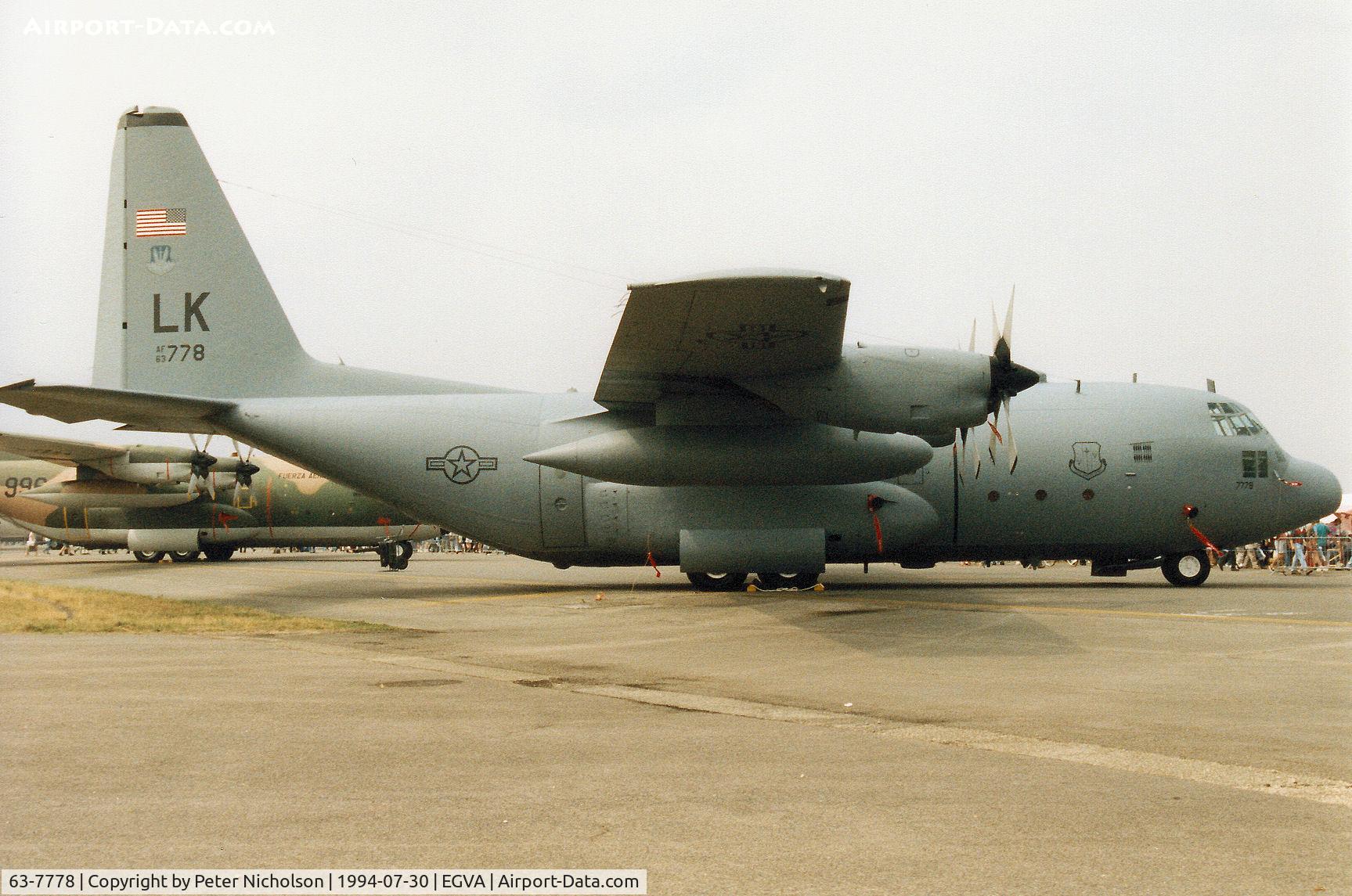 63-7778, 1963 Lockheed C-130E Hercules C/N 382-3844, C-130E Hercules, callsign Horse 57, of 314th Airlift Wing at Pope AFB, North Carolina on display at the 1994 Intnl Air Tattoo at RAF Fairford.