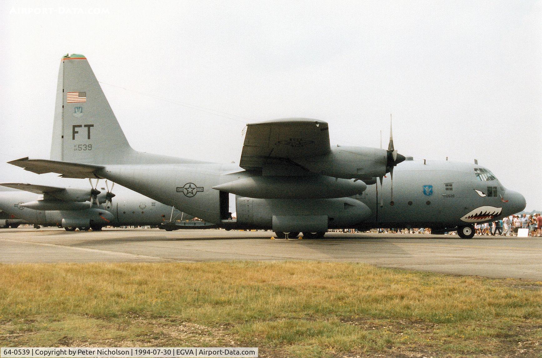 64-0539, 1964 Lockheed C-130E Hercules C/N 382-4029, C-130E Hercules, callsign Dirt 16, of 23rd Wing on display at the 1994 Intnl Air Tattoo at RAF Fairford.