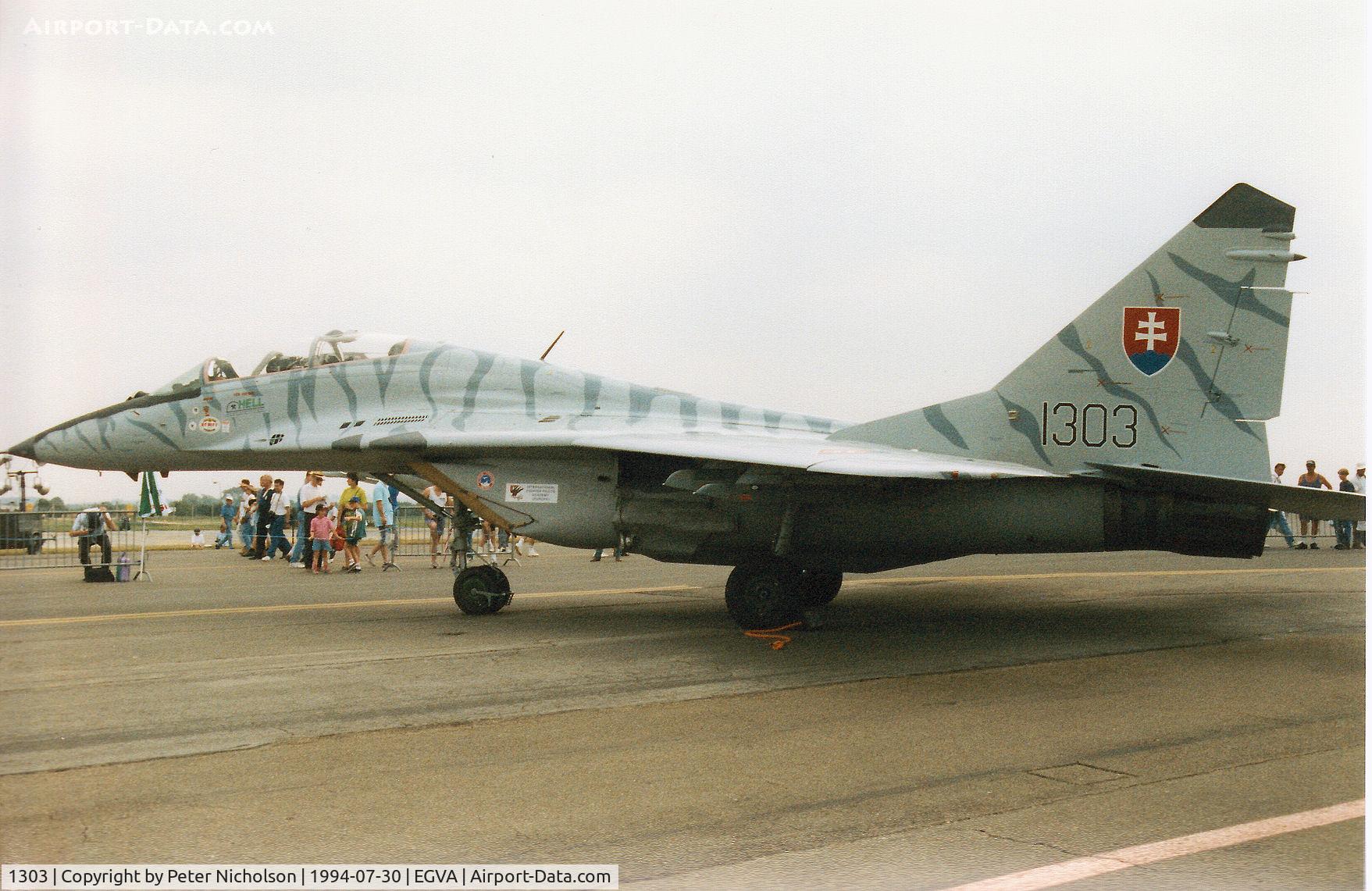 1303, Mikoyan-Gurevich MiG-29UB C/N N50903028113, MiG-29UB Fulcrum of the Slovak Air Force on display at the 1994 Intnl Air Tattoo at RAF Fairford.