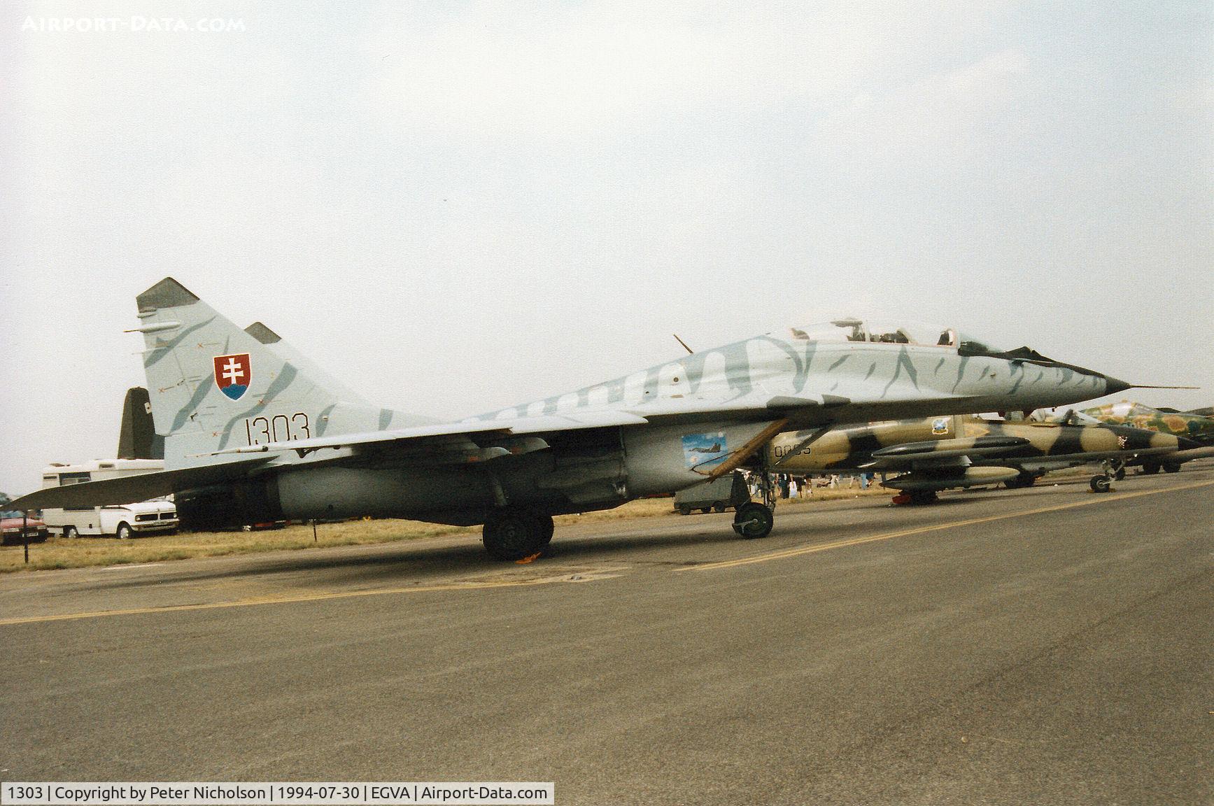 1303, Mikoyan-Gurevich MiG-29UB C/N N50903028113, Another view of the MiG-29UB Fulcrum from Sliac Air Base on display at the 1994 Intnl Air Tattoo at RAF Fairford.
