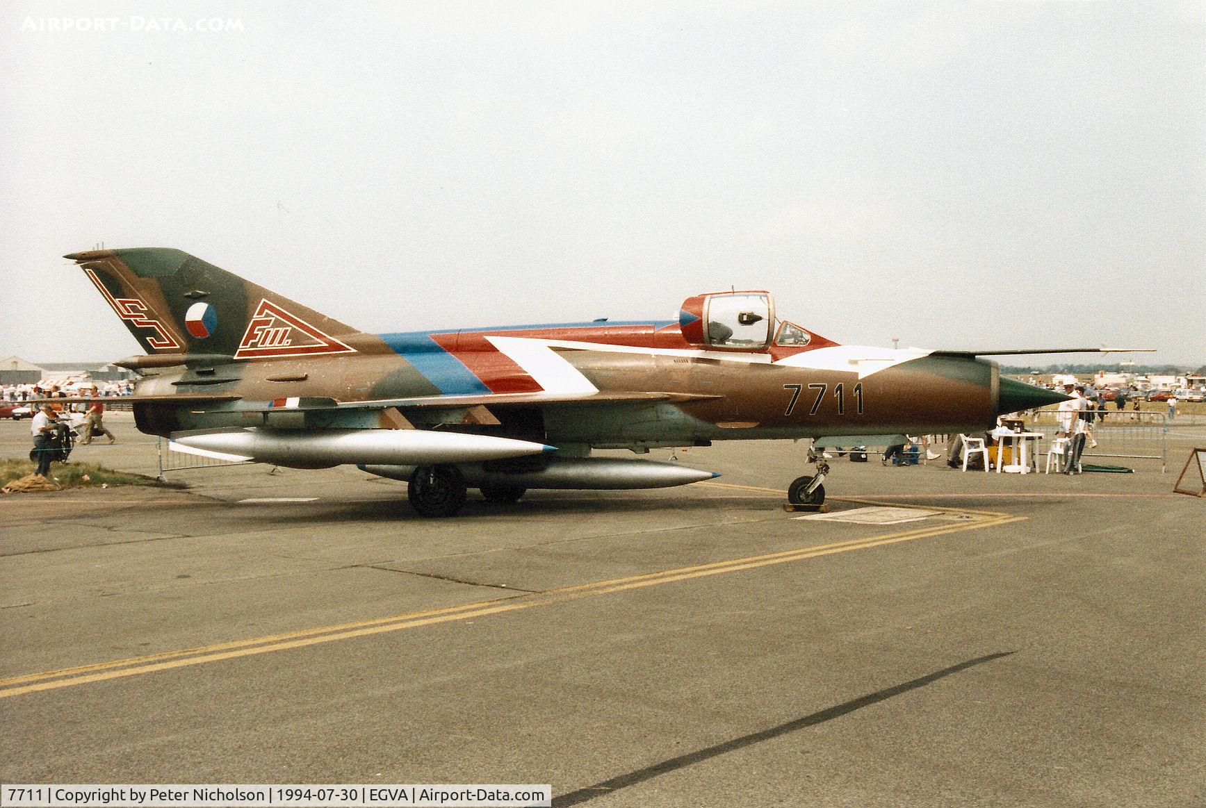 7711, Mikoyan-Gurevich MiG-21MF C/N 967711, MiG-21MF Fishbed of 11 SLP Czech Air Force on display at the 1994 Intnl Air Tattoo at RAF Fairford.