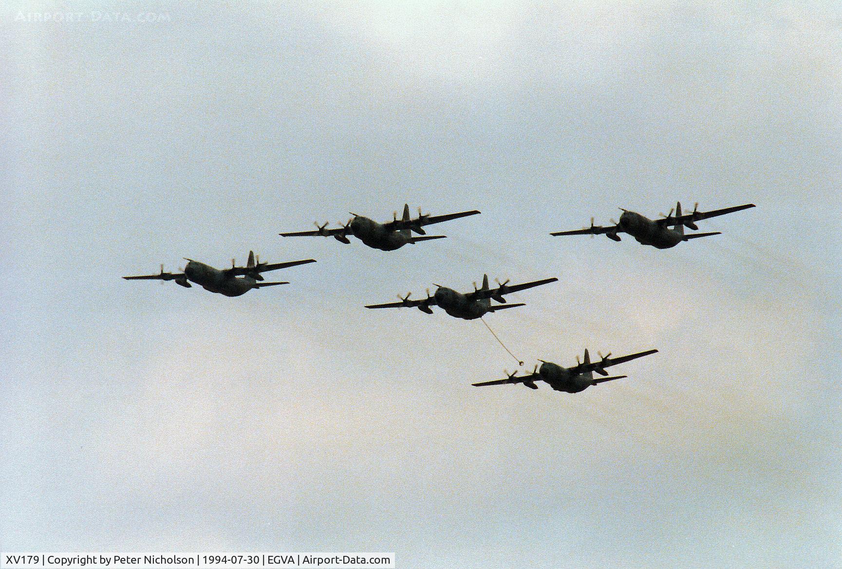 XV179, 1967 Lockheed C-130K Hercules C.1 C/N 382-4195, Hercules C.1P of the Lyneham Transport Wing heading a formation fly-past at the 1994 Intnl Air Tattoo at RAF Fairford.