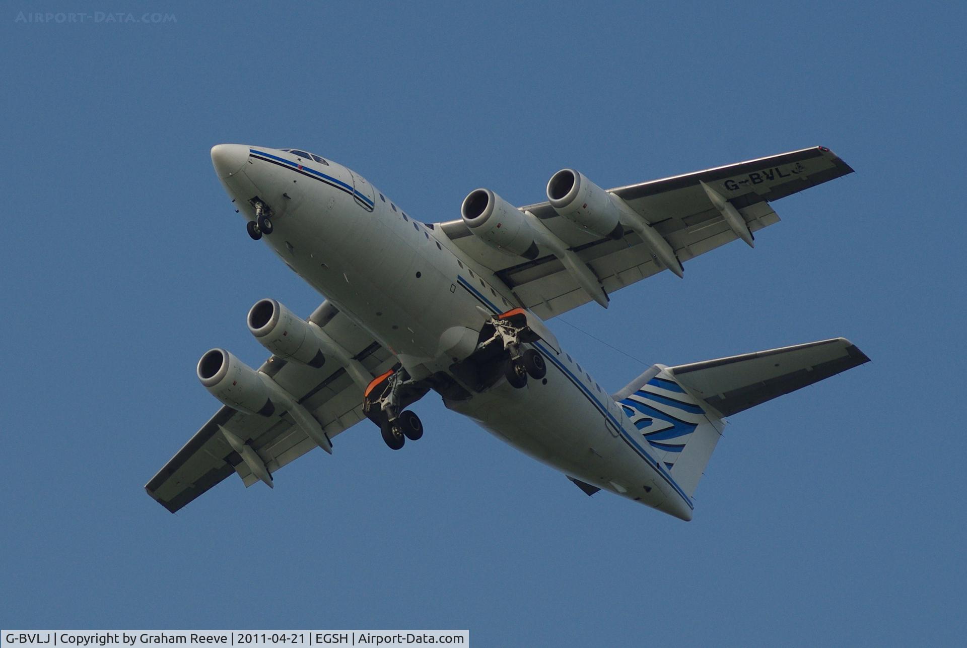 G-BVLJ, 1990 British Aerospace BAe.146-100 C/N E1160, Over flying Norwich.