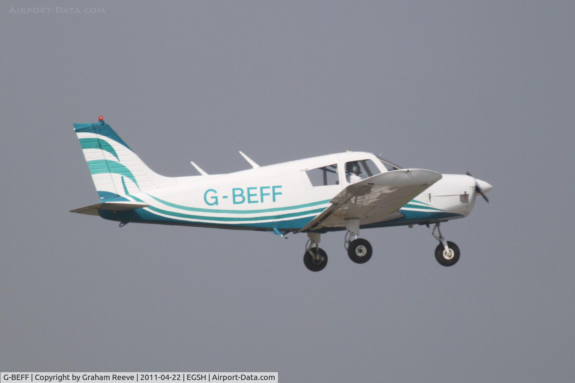 G-BEFF, 1973 Piper PA-28-140 Cherokee F C/N 28-7325228, Landing at Norwich.