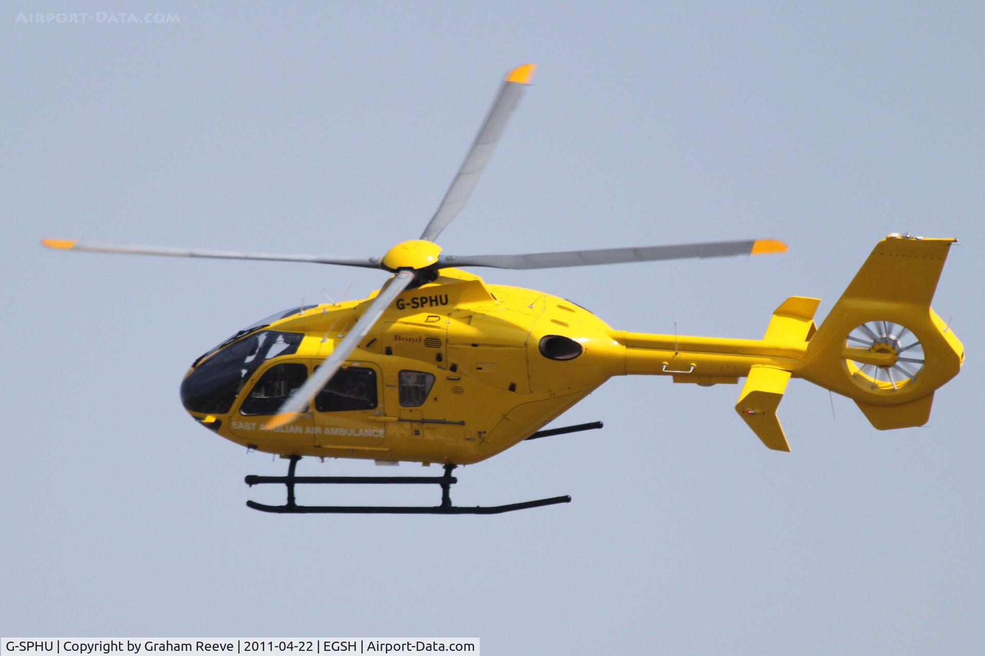 G-SPHU, 2002 Eurocopter EC-135T-2 C/N 0245, Departing Norwich.