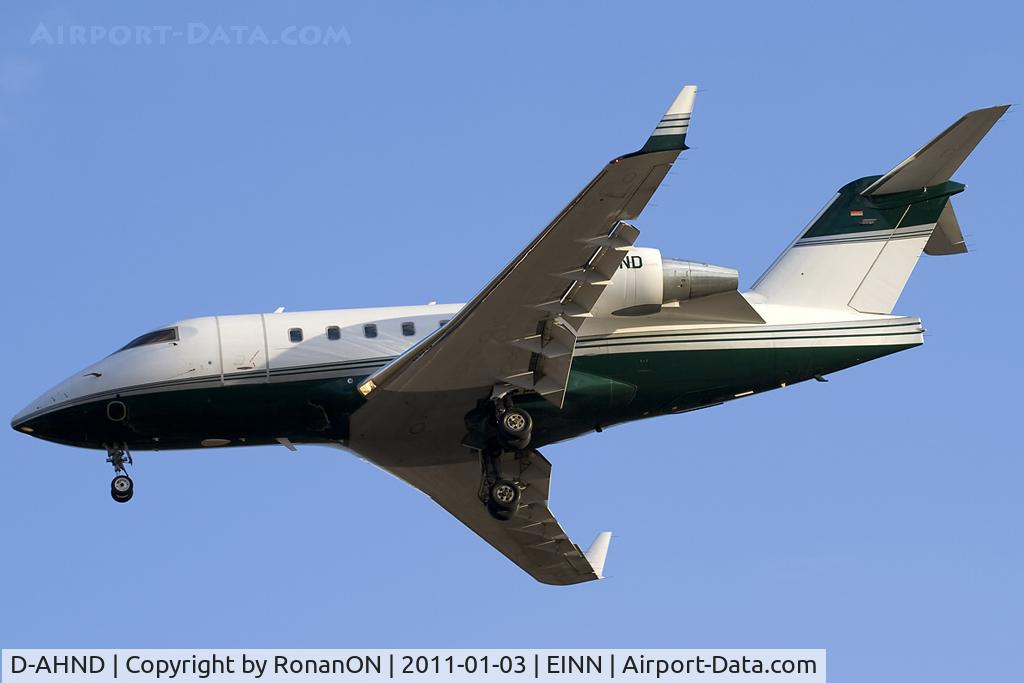 D-AHND, 2000 Bombardier Challenger 604 (CL-600-2B16) C/N 5477, Seen arriving Runway 24 at Shannon, departed later to White Plains NY