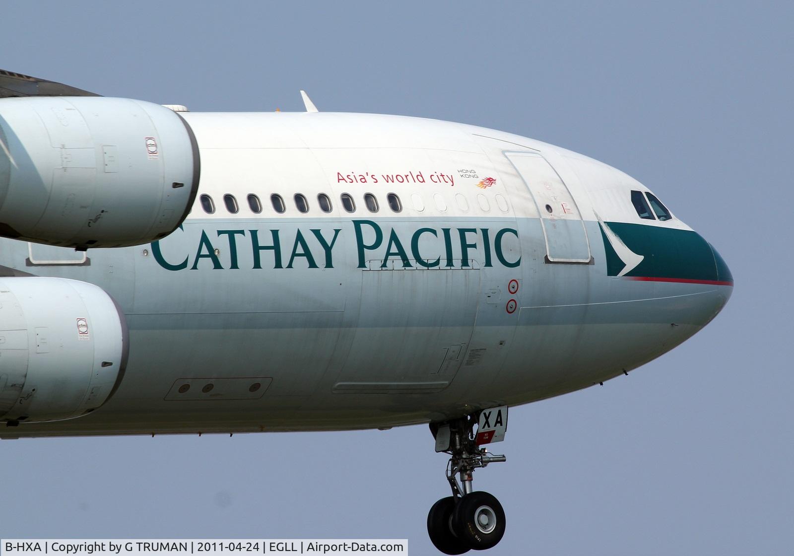 B-HXA, 1996 Airbus A340-313 C/N 136, Close up of the nose, landing 09L at Heathrow