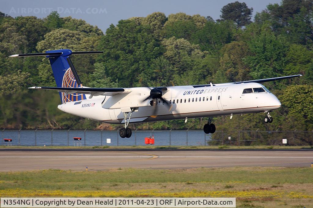 N354NG, 2010 Bombardier DHC-8-402 Dash 8 C/N 4354, United Express (Colgan Air) N354NG (FLT CJC3325) from Newark Liberty Int'l (KEWR) landing RWY 23. This is Colgan Air's newest Q402, delivered March 25, 2011.