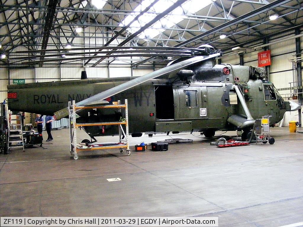 ZF119, 1986 Westland Sea King HC.4 C/N WA966, inside 848 NAS, Commando training unit flight hangar
