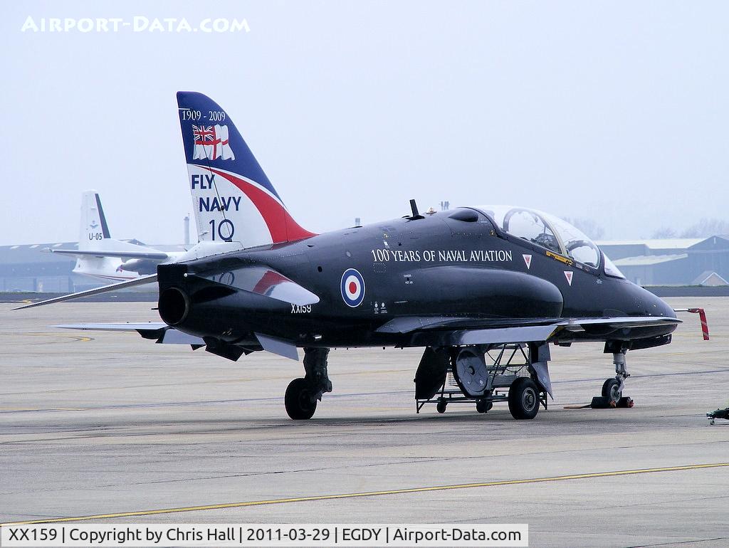 XX159, 1979 Hawker Siddeley Hawk T.1A C/N 005/312005, on the FRADU Hawk apron wearing RN titles and 'Fly Navy' tail art