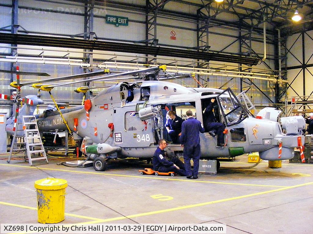 XZ698, Westland Lynx HAS.3S C/N 153, inside Hangar 13, 815 NAS, maintenance hangar, 'HMS Sutherland' on the nose