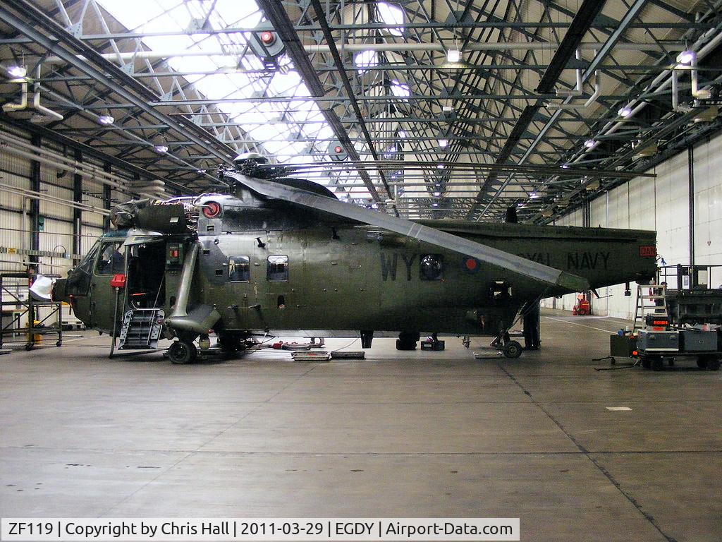 ZF119, 1986 Westland Sea King HC.4 C/N WA966, inside 848 NAS, Commando training unit flight hangar