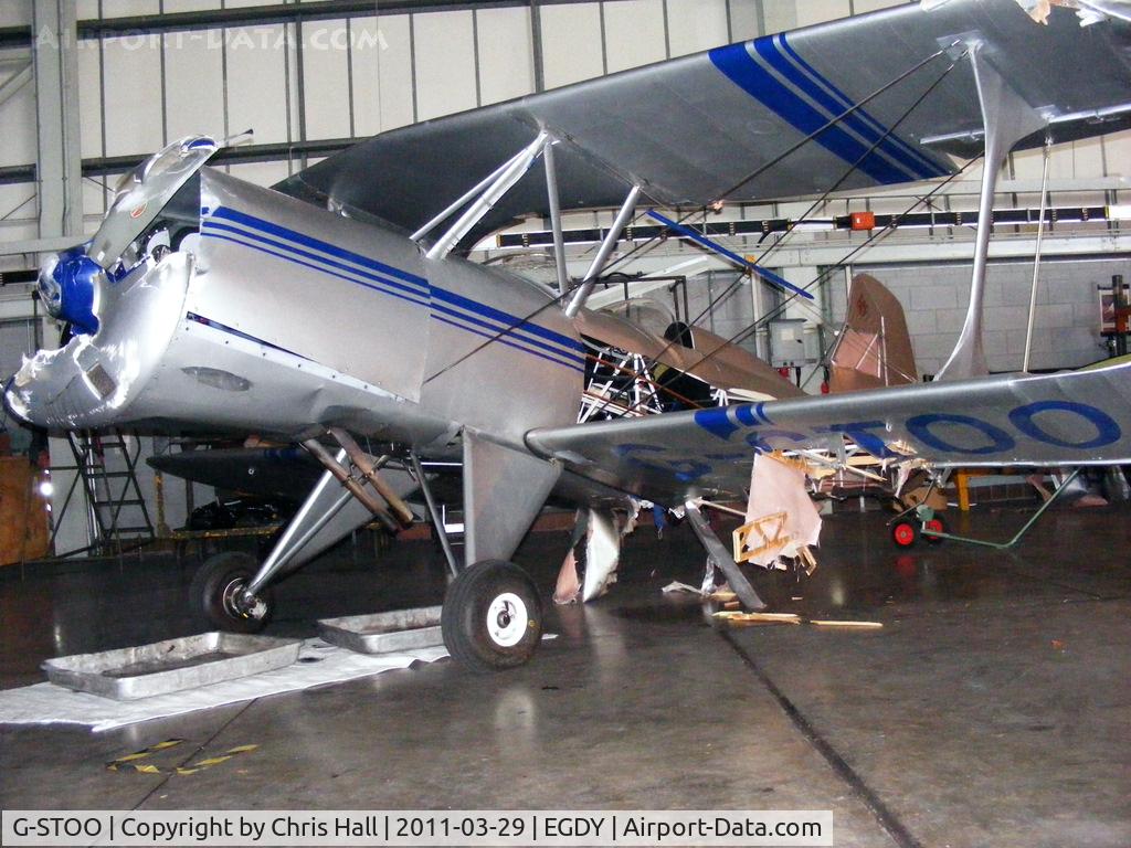 G-STOO, 2003 Stolp SA-300 Starduster Too C/N PFA 035-13870, inside the 727 NAS Hangar. Damaged when it apparently struck the back of G-BZPP Wasp which was in a hover taxy at Yeovilton on 5th March 2011
