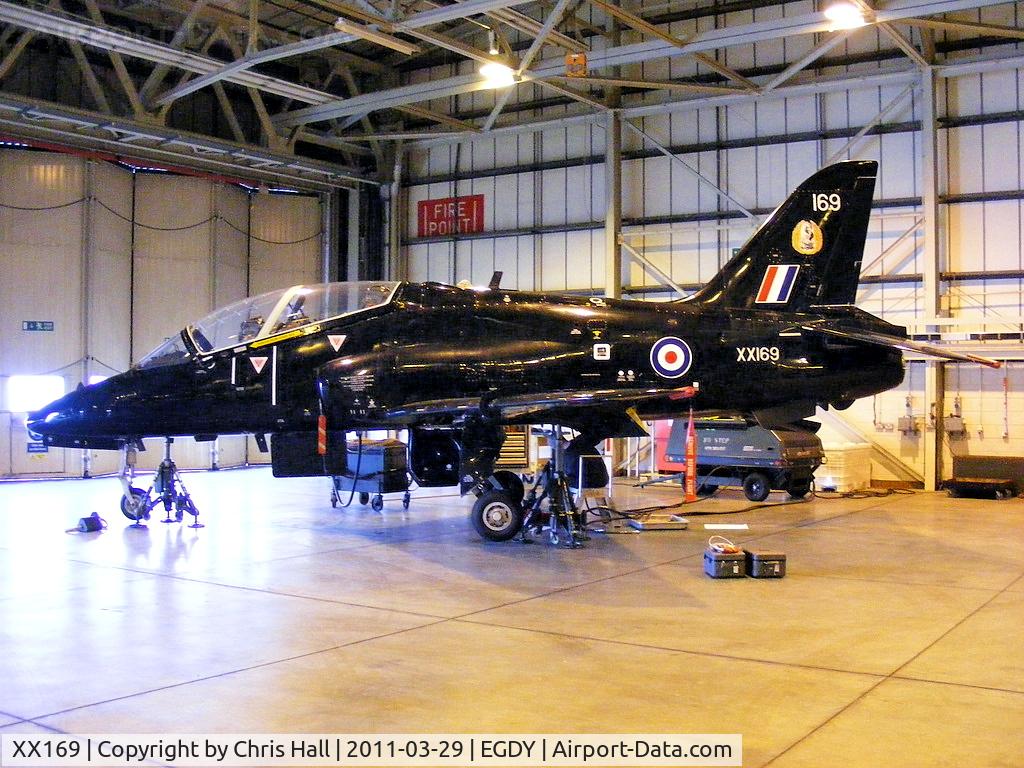 XX169, 1976 Hawker Siddeley Hawk T.1 C/N 016/312016, inside the FRADU Hawk hangar, in full 19 Sqdn markings, with RAF titles