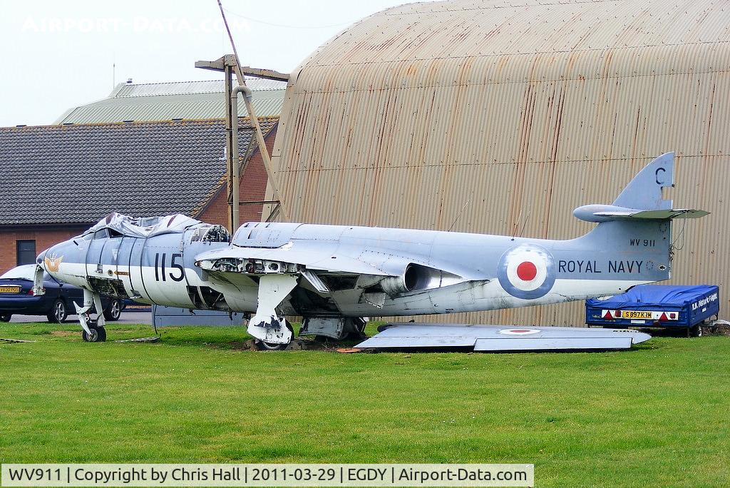 WV911, 1955 Hawker Sea Hawk FGA.6 C/N 6126, stored outside Royal Navy Historic Flight hangar