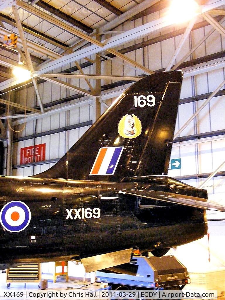 XX169, 1976 Hawker Siddeley Hawk T.1 C/N 016/312016, inside the FRADU Hawk hangar, in full 19 Sqdn markings, with RAF titles