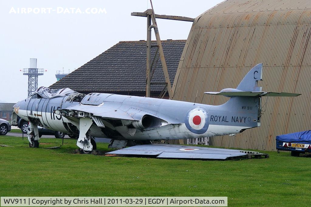 WV911, 1955 Hawker Sea Hawk FGA.6 C/N 6126, stored outside Royal Navy Historic Flight hangar