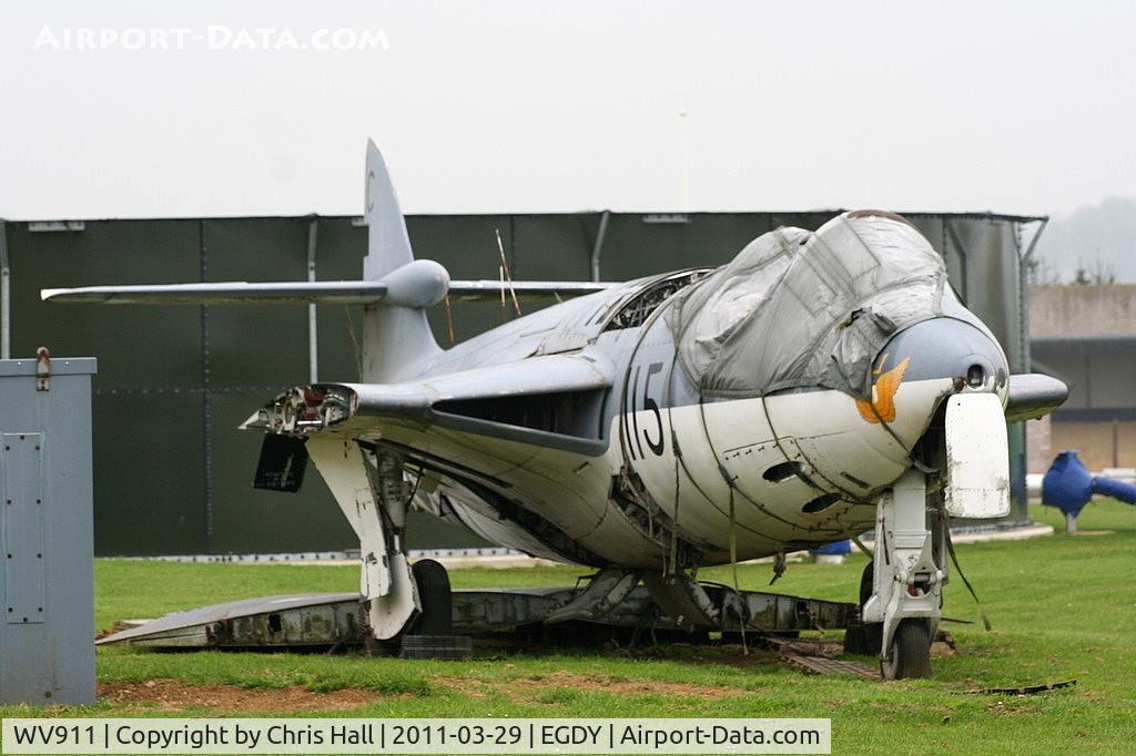 WV911, 1955 Hawker Sea Hawk FGA.6 C/N 6126, stored outside Royal Navy Historic Flight hangar