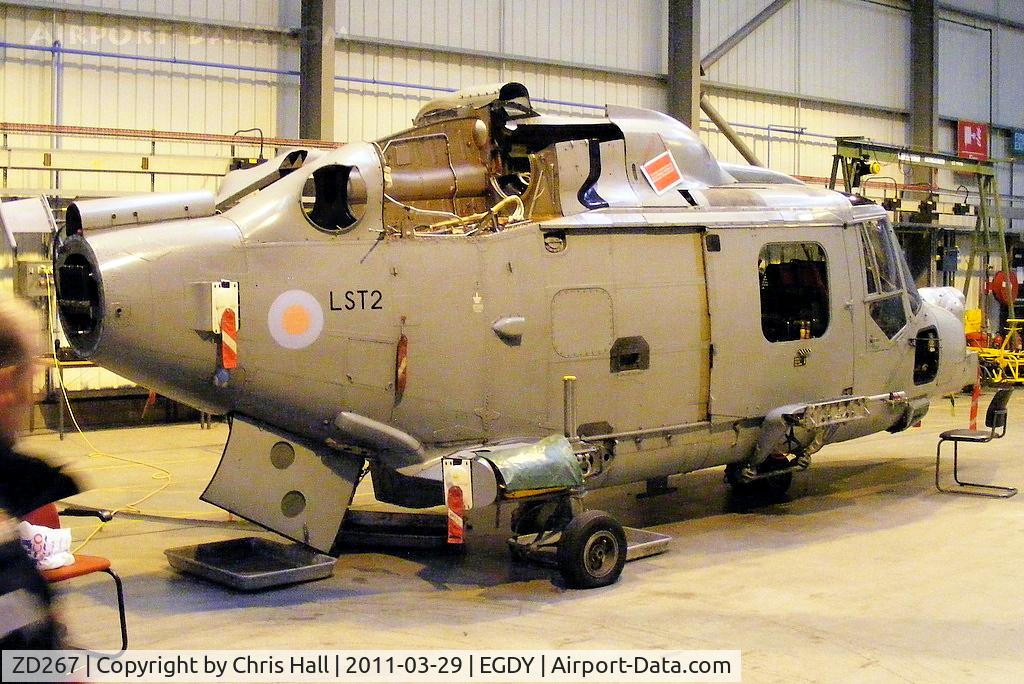 ZD267, 1983 Westland Lynx HMA.8 C/N 307, inside the ETS Hangar - Ground Training Unit. Marked as LST 2