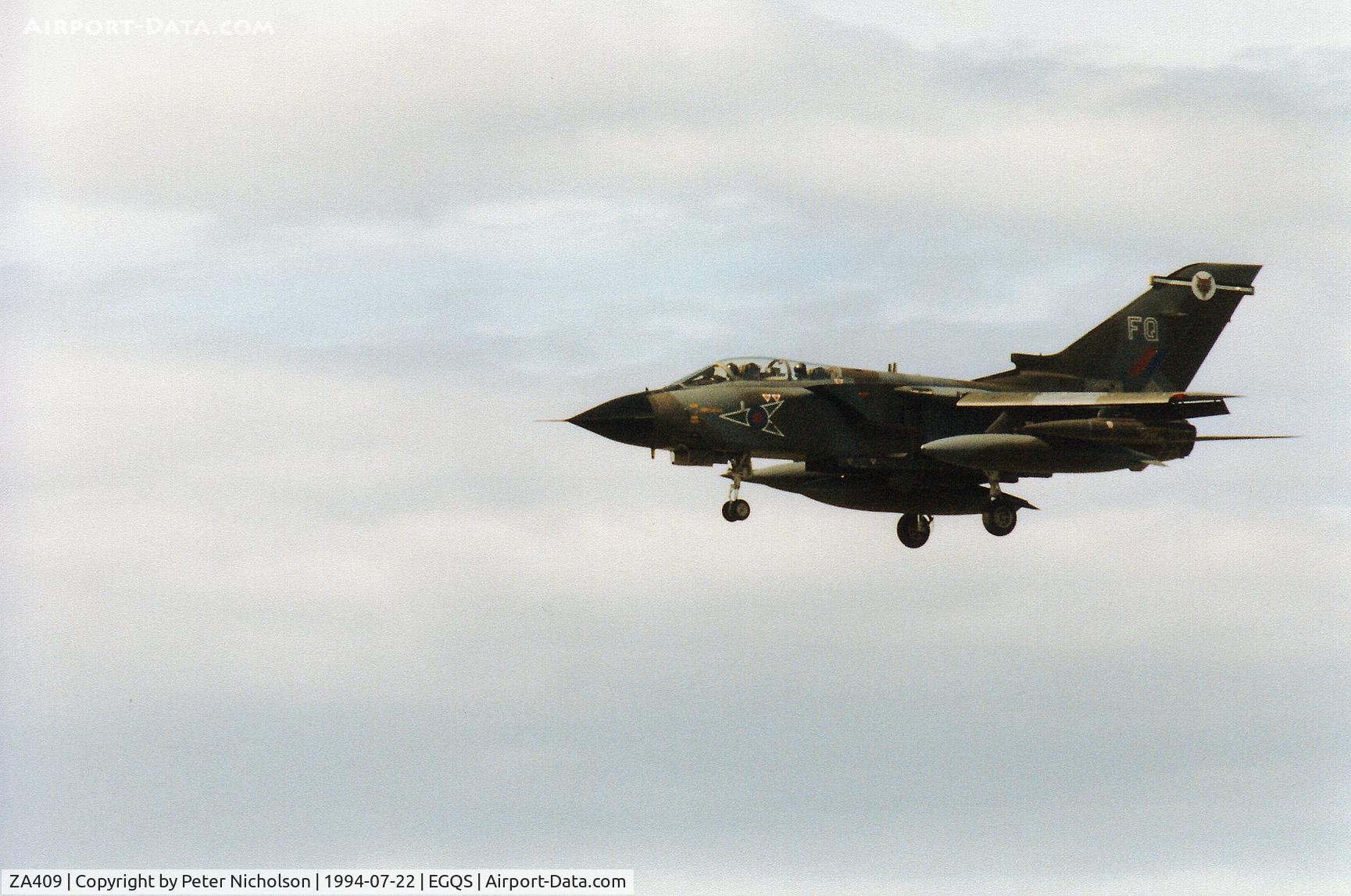 ZA409, 1983 Panavia Tornado GR.1 C/N 224/BT033/3108, Tornado GR.1B of 12 Squadron returning to RAF Lossiemoluth in the Summer of 1994.
