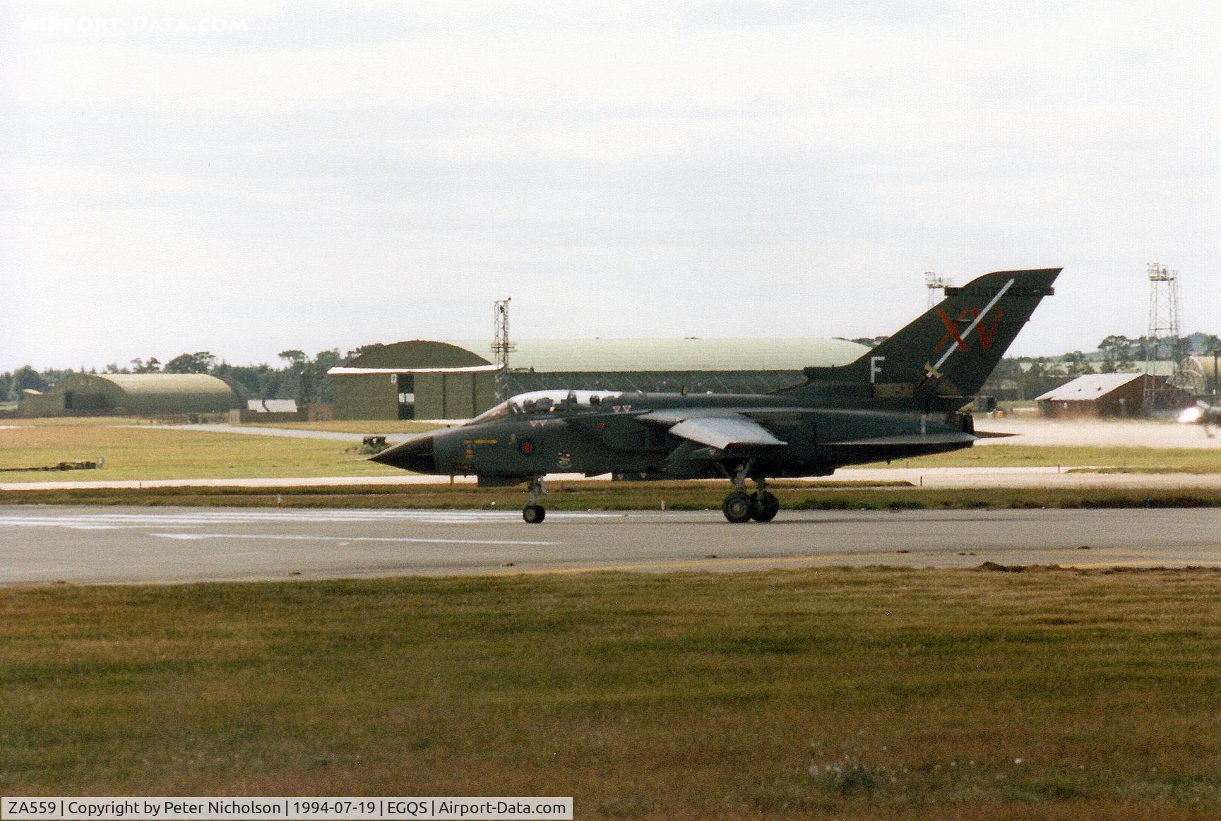 ZA559, 1981 Panavia 081/BS023/3043 C/N 081/BS023/3043, Tornado GR.1 of 15[Reserve] Squadron joining the active runway at RAF Lossiemouth in the Summer of 1994.