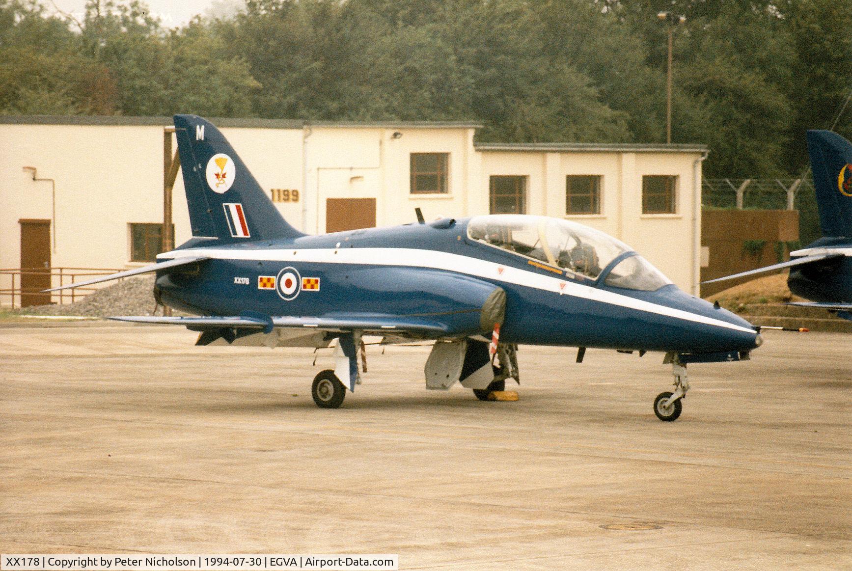 XX178, 1977 Hawker Siddeley Hawk T.1W C/N 025/312025, Hawk T.1W, callsign Scarlet 2, of 92[Reserve] Squadron on the flight-line at the 1994 Intnl Air Tattoo at RAF Fairford.