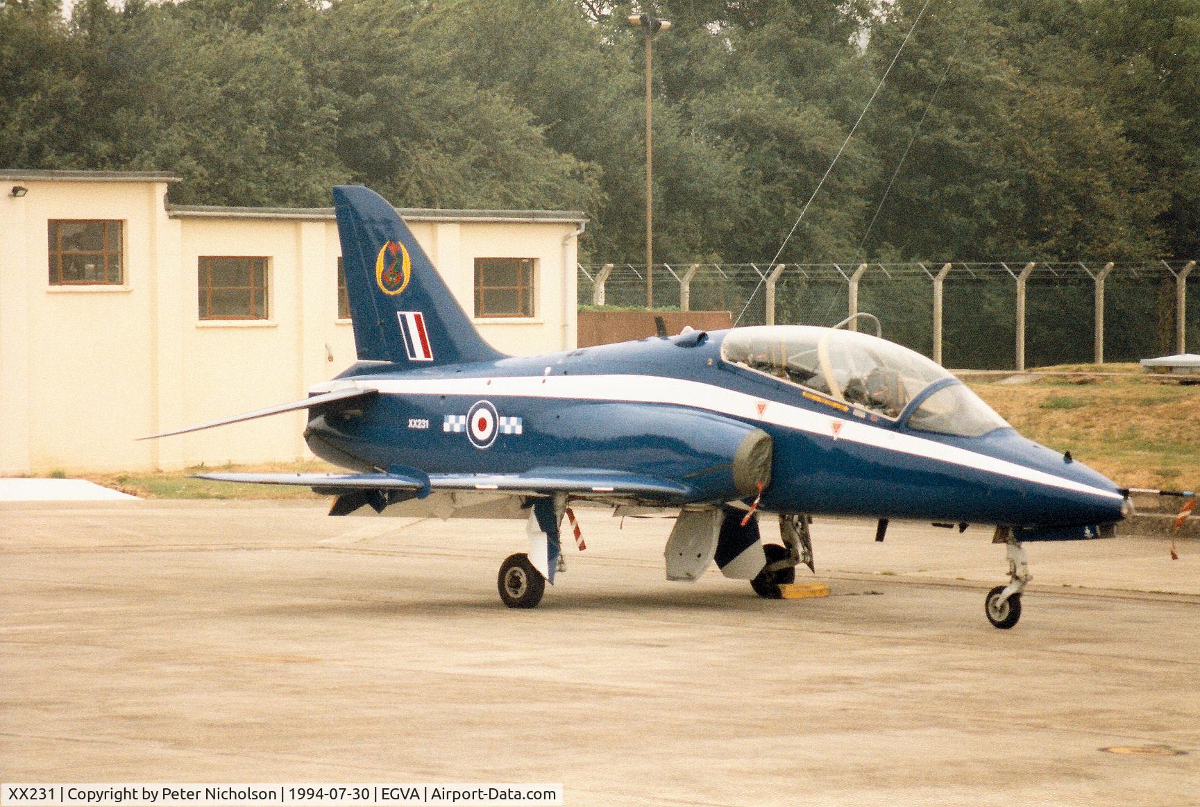XX231, 1978 Hawker Siddeley Hawk T.1W C/N 067/312067, Hawk T.1W, callsign Scarlet 1, of 19[Reserve] Squadron on the flight-line at the 1994 Intnl Air Tattoo at RAF Fairford.