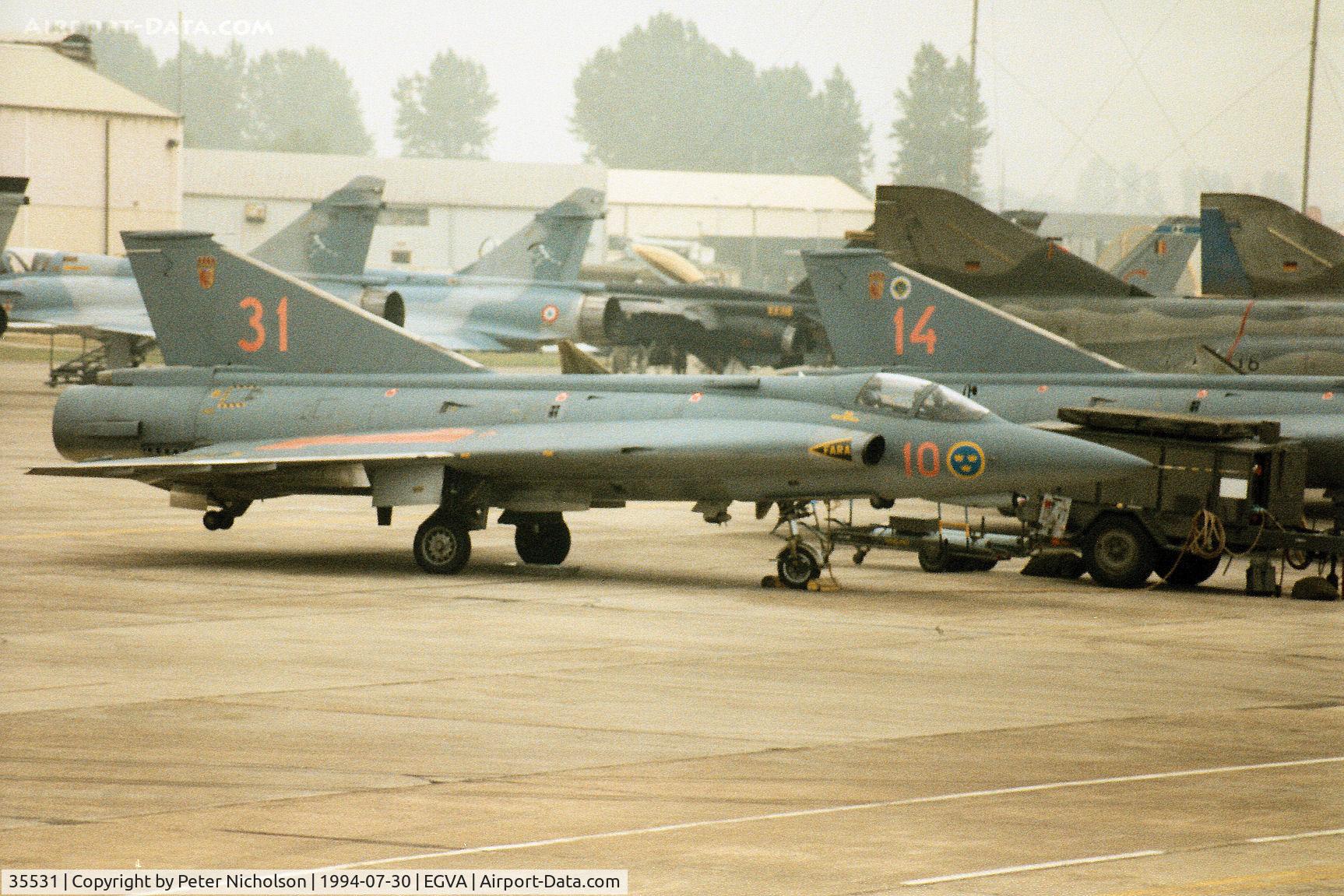 35531, Saab J-35F Draken C/N 35-531, J-35F Draken of F10 Wing of the Royal Swedish Air Force based at Angelholm on the flight-line at the 1994 Intnl Air Tattoo at RAF Fairford.