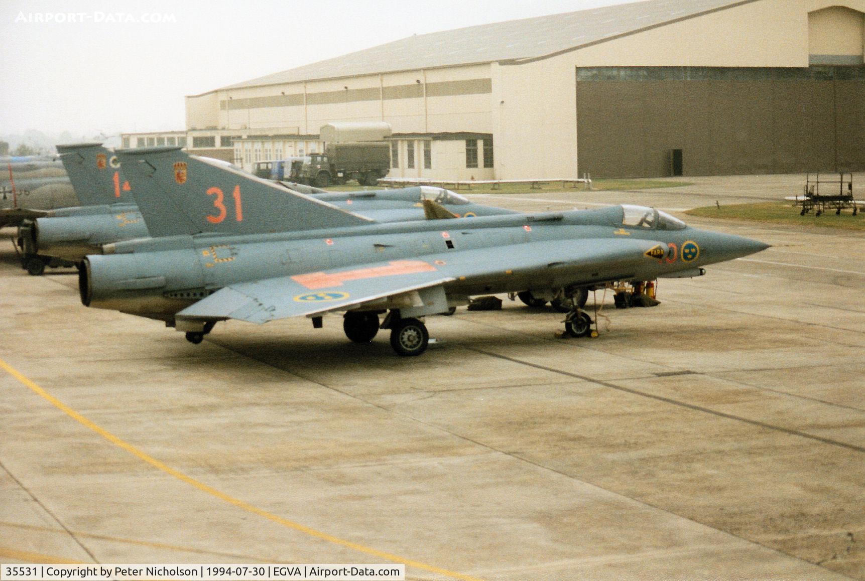 35531, Saab J-35F Draken C/N 35-531, Another view of the Royal Swedish Air Force J-35F Draken from Angelholm on the flight-line at the 1994 Intnl Air Tattoo at RAF Fairford.