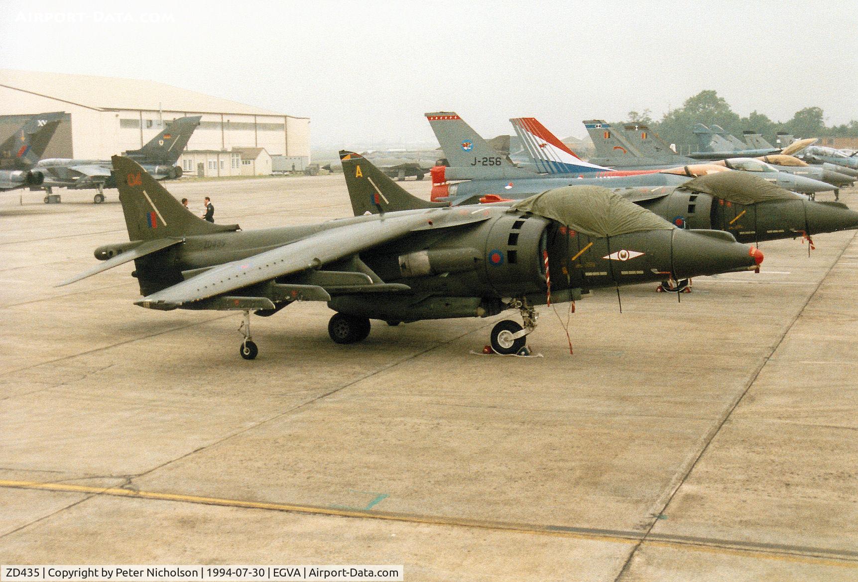 ZD435, 1989 British Aerospace Harrier GR.7 C/N P47, Harrier GR.7, callsign Wildcat 1, of 1 Squadron at RAF Wittering on the flight-line at the 1994 Intnl Air Tattoo at RAF Fairford.