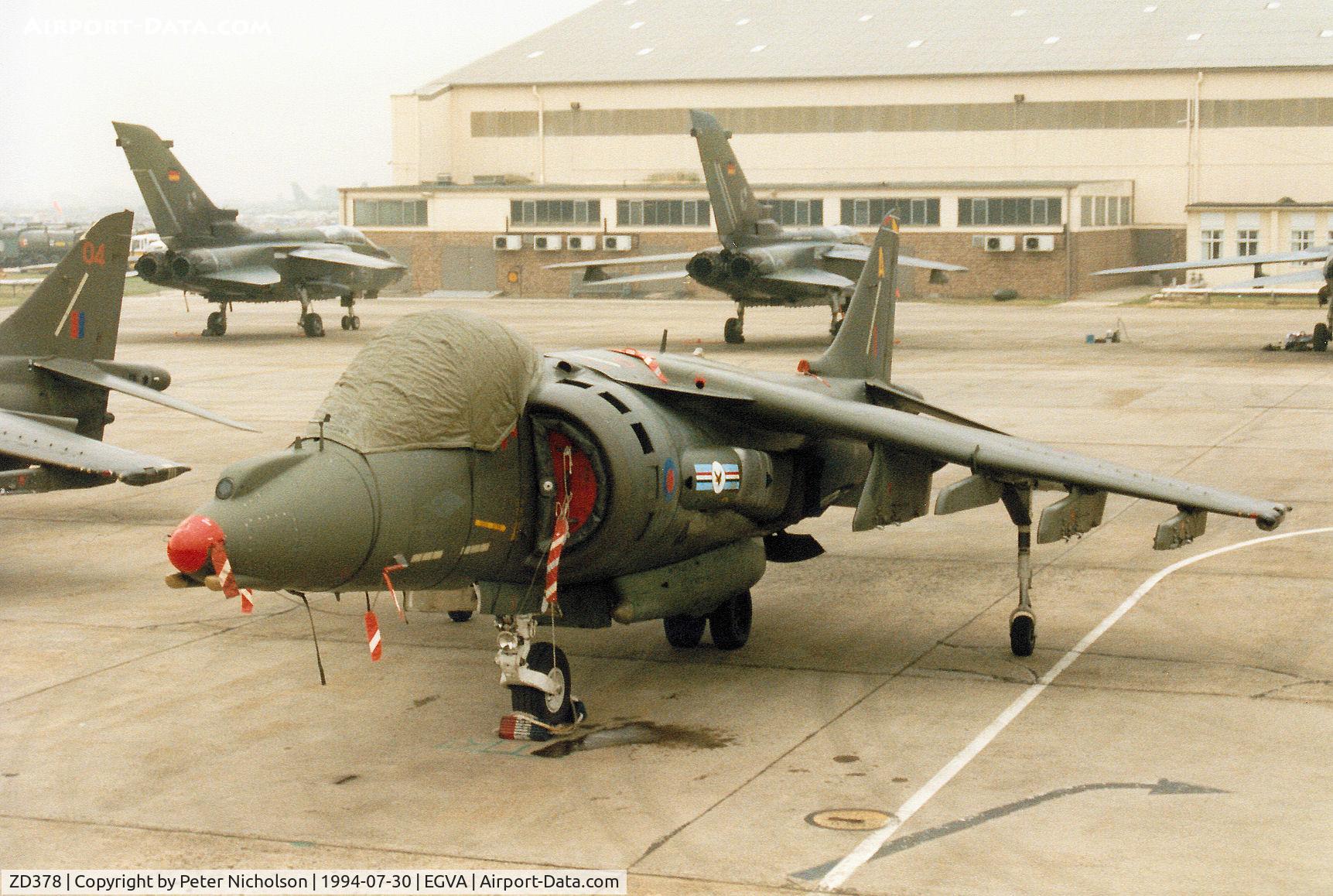 ZD378, 1988 British Aerospace Harrier GR.7 C/N P26, Harrier GR.7, callsign Wildcat 2, of 20[Reserve] Squadron based at RAF Wittering on the flight-line at the 1994 Intnl Air Tattoo at RAF Fairford.