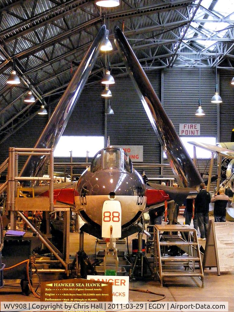 WV908, 1954 Hawker Sea Hawk FGA.6 C/N 6123, Hawker Sea Hawk FGA.6 .... on routine maintenance/corrosion inspection, engine out and in a workshop. To fly again at the end of May and so will be ready for 2011 display season.