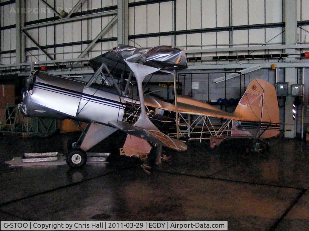 G-STOO, 2003 Stolp SA-300 Starduster Too C/N PFA 035-13870, inside the 727 NAS Hangar. Damaged when it apparently struck the back of G-BZPP Wasp which was in a hover taxy at Yeovilton on 5th March 2011
