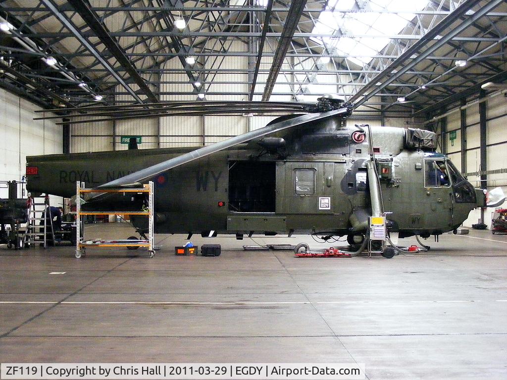 ZF119, 1986 Westland Sea King HC.4 C/N WA966, inside 848 NAS, Commando training unit flight hangar