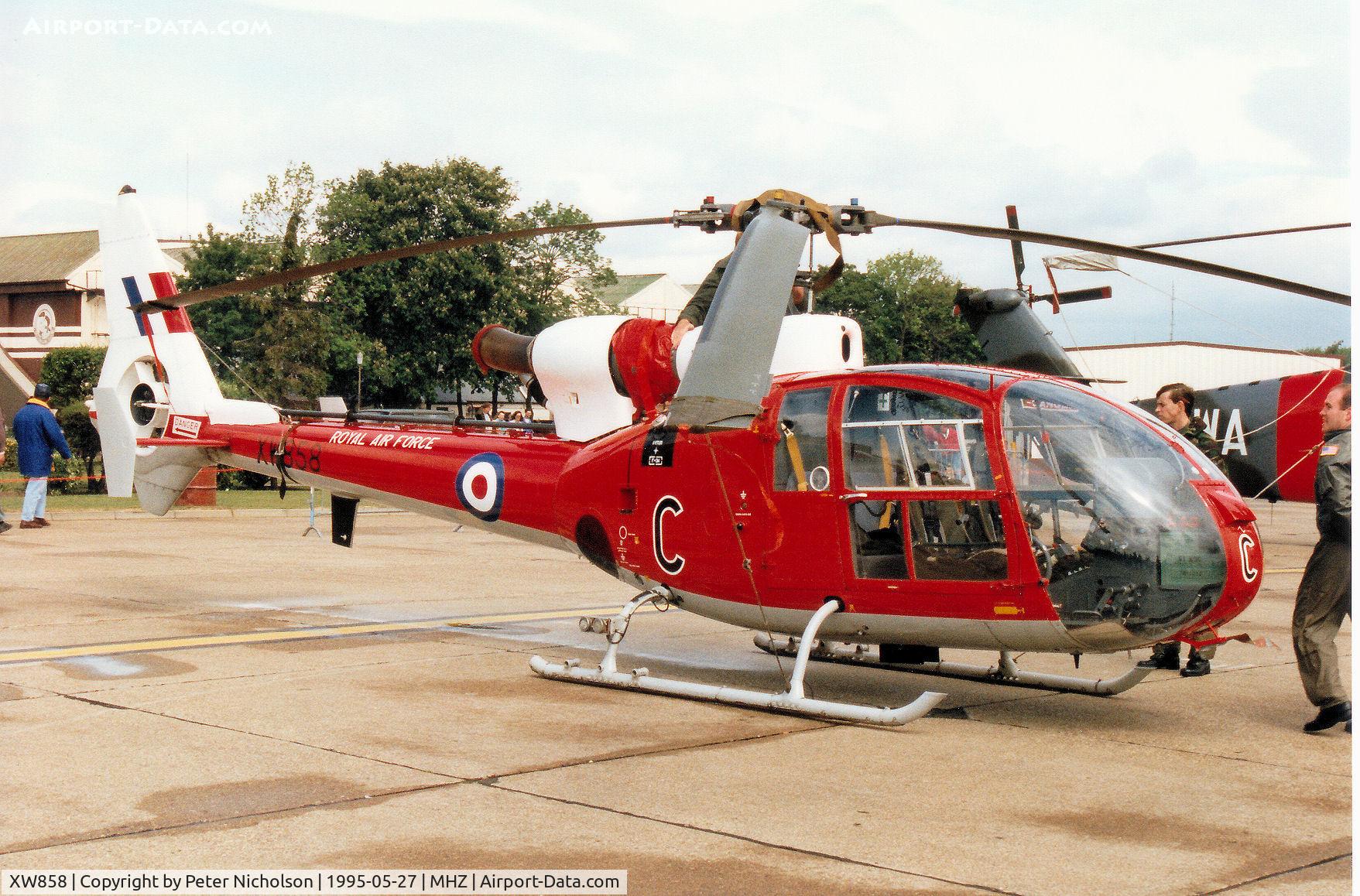 XW858, 1973 Westland SA-341D Gazelle HT3 C/N WA1089, Gazelle HT.3 of 2 Flying Training School on display at the 1995 RAF Mildenhall Air Fete.