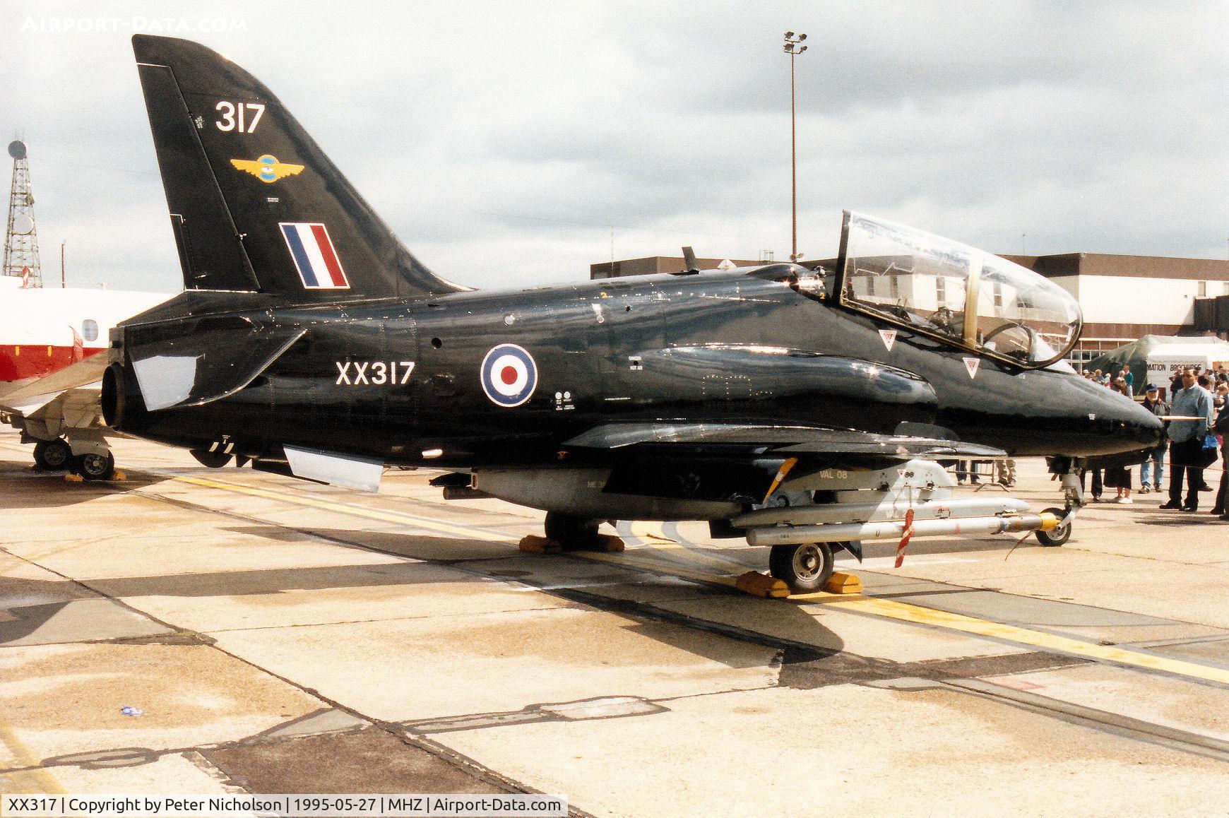 XX317, 1980 Hawker Siddeley Hawk T.1A C/N 159/312142, Hawk T.1A of 208[Reserve] Squadron at RAF Valley on display at the 1995 RAF Mildenhall Air Fete.