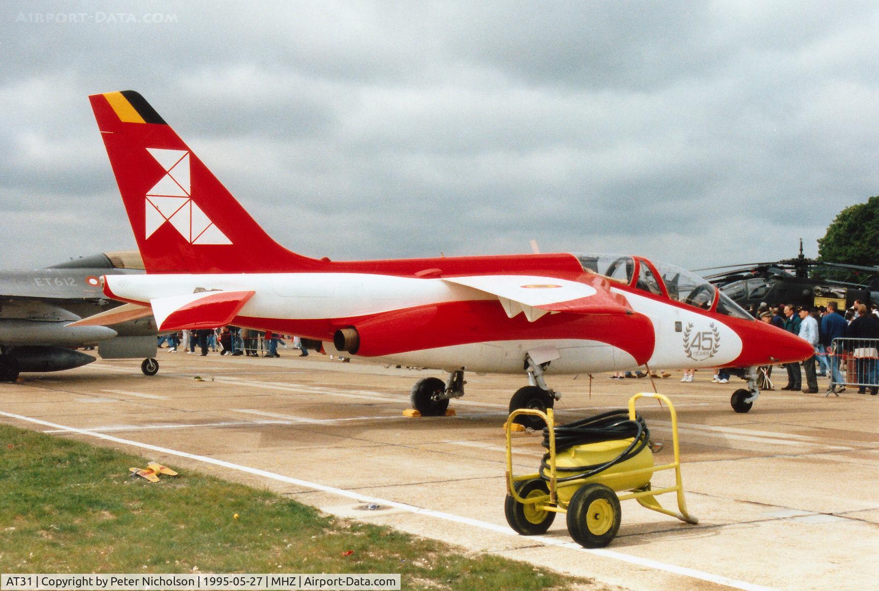 AT31, Dassault-Dornier Alpha Jet 1B C/N B31/1142, Belgian Air Force Alpha Jet in 45th Anniversary markings on display at the 1995 RAF Mildenhall Air Fete.