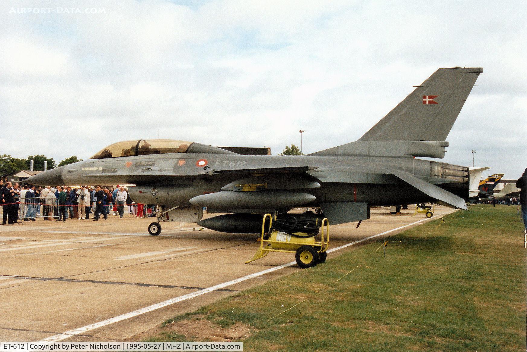 ET-612, SABCA F-16B Fighting Falcon C/N 6G-9, F-16B Falcon of Eskradille 730 of the Royal Danish Air Force based at Skrydstrup on display at the 1995 RAF Mildenhall Air Fete.